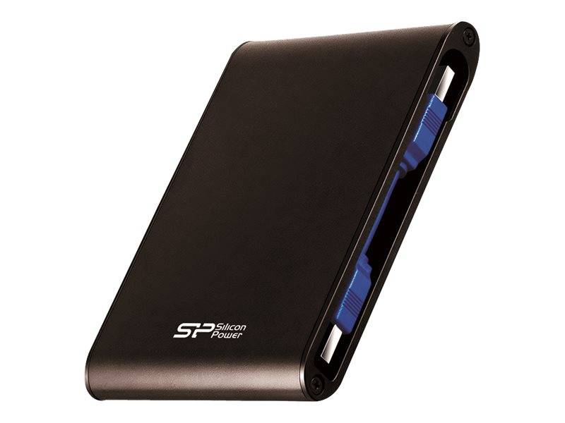 Schlanke externe schwarze Festplatte mit sichtbarem blauem USB-Anschluss an der Seite, Marke Silicon Power.