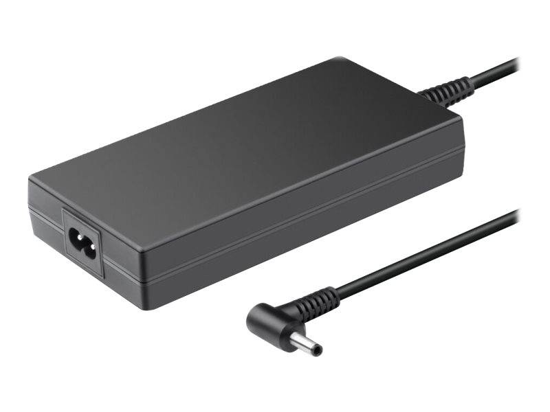 Rechteckiges schwarzes Laptop-Ladegerät mit Stromkabel und Stecker.