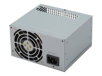 Graues Metall-Stromversorgungsgerät für Computer mit hinterem Kühlventilator, belüfteter Oberseite und Wechselstrom-Stromeingang.