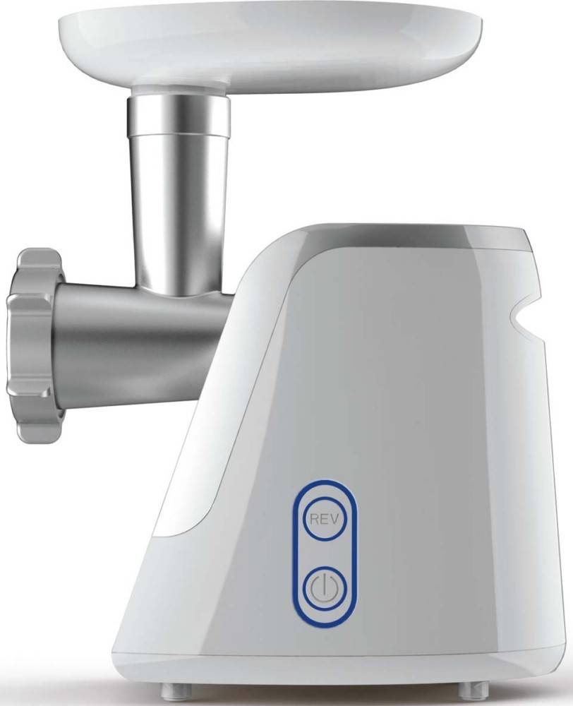 Ein elektrischer Fleischwolf mit einer metallischen Mahlkomponente und einem weißen Kunststoffgehäuse, das 'REV' und Leistungstasten zur Steuerung aufweist.