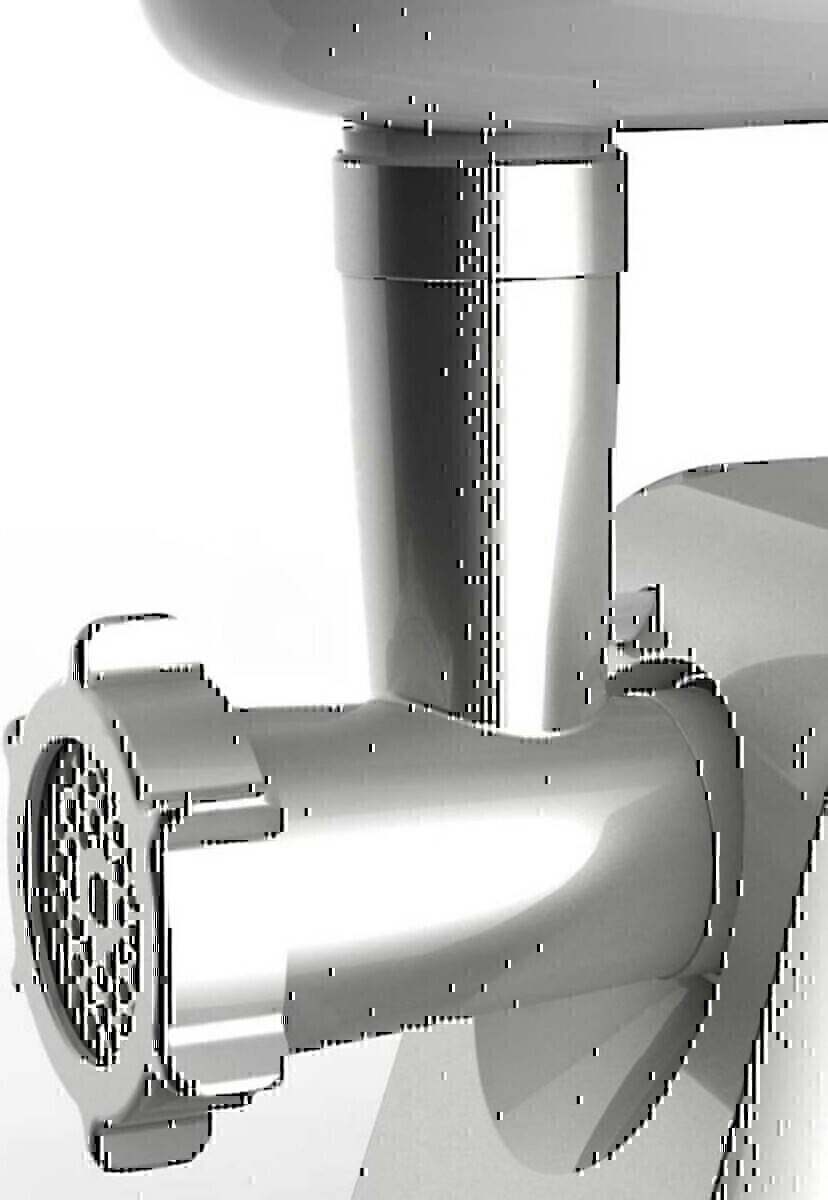 Eine Nahaufnahme eines glänzenden metallischen zylindrischen Bauteils mit angeschlossenen Rohrsegmenten, möglicherweise Teil einer industriellen Maschine oder eines Motorsystems.