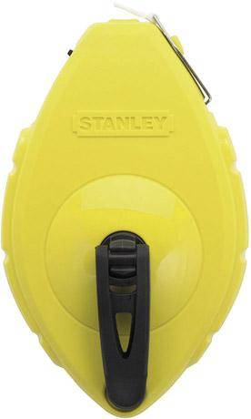 Gelbe Stanley-Kreideschnur-Spule mit schwarzem Griff und Metallclip auf weißem Hintergrund