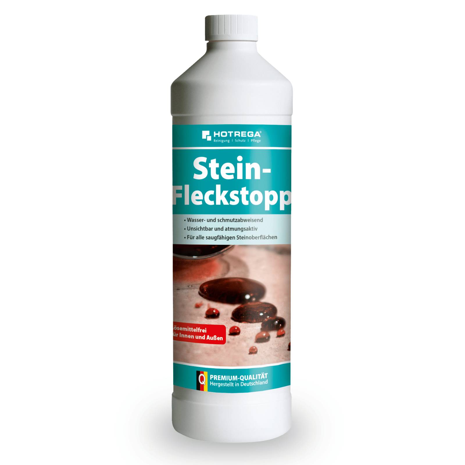 Flasche HOTREGA 'Stein-Fleckstopp' Steinfleckenabweiser, gekennzeichnet für Wasser- und Schmutzbeständigkeit sowie Innen- und Außenverwendung.