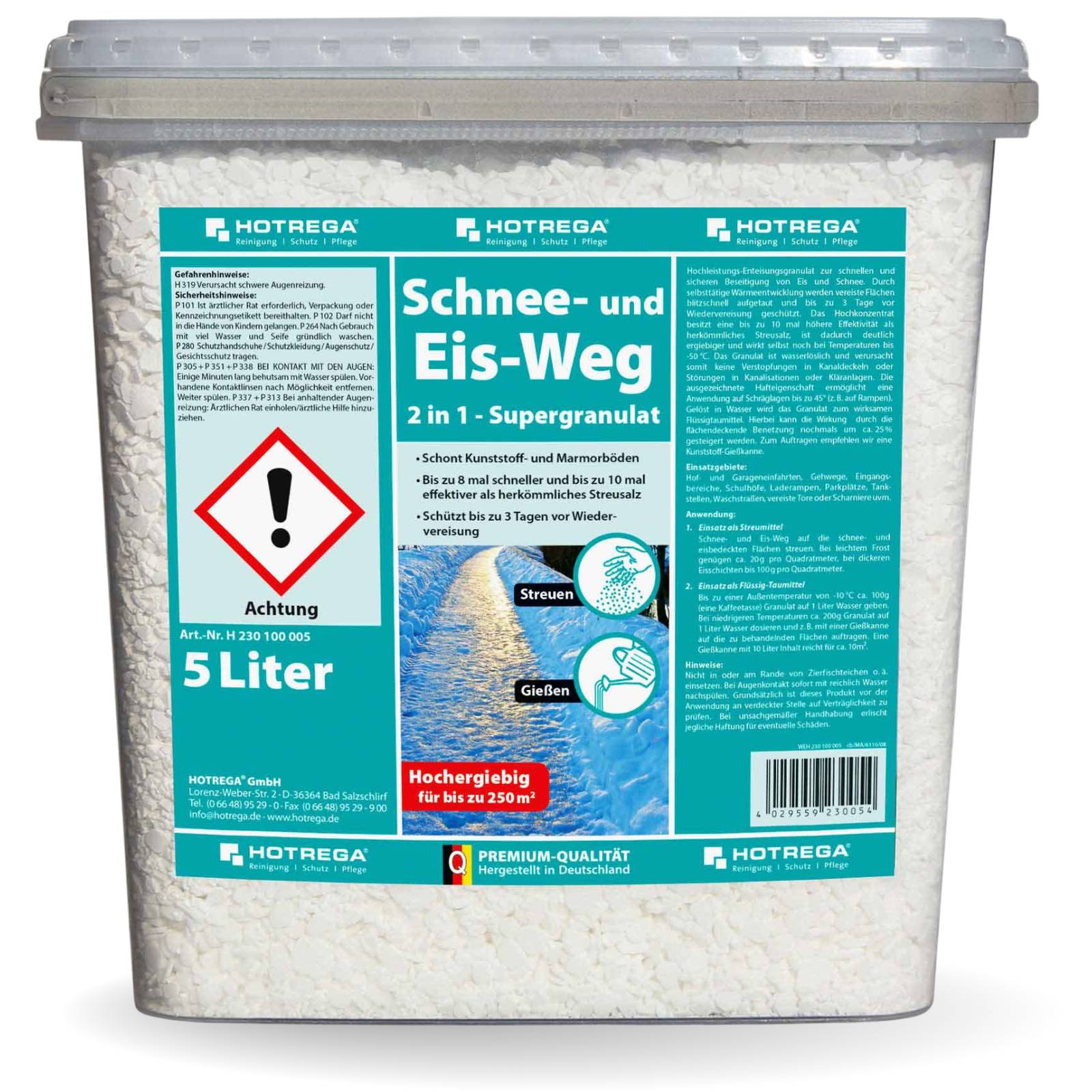 Eimer 'Schnee- und Eis-Weg', ein Tausalz-Granulat von Hotrega, mit Sicherheits- und Gebrauchsanweisungen in deutscher Sprache. Fassungsvermögen: 5 Liter.