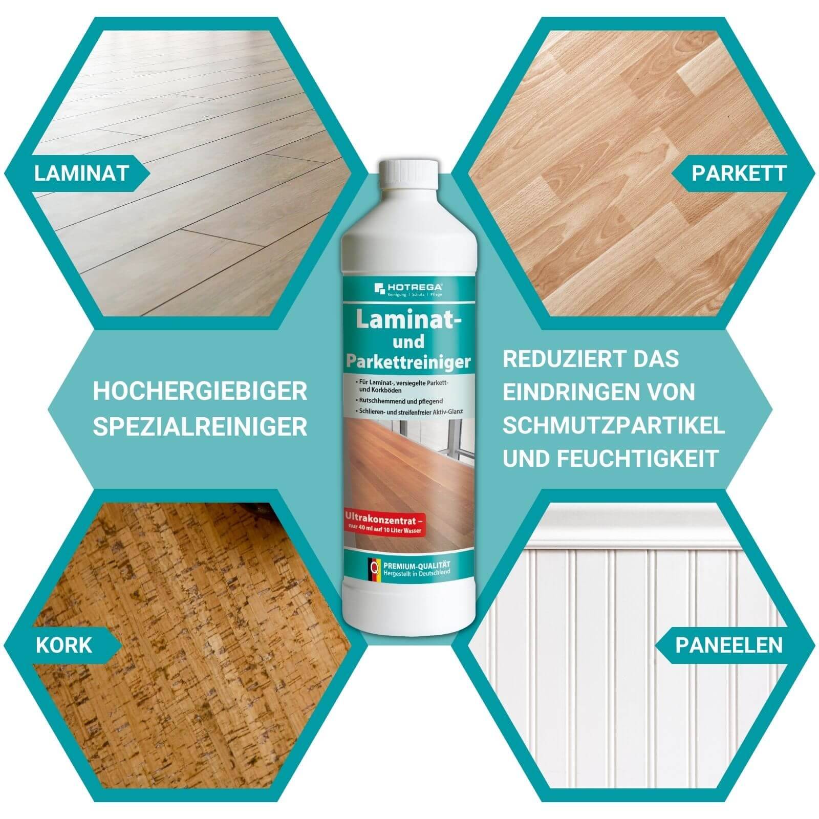HOTREGA Laminat und Parkett Reiniger 1 L Konzentrat, Microfasermopp SET