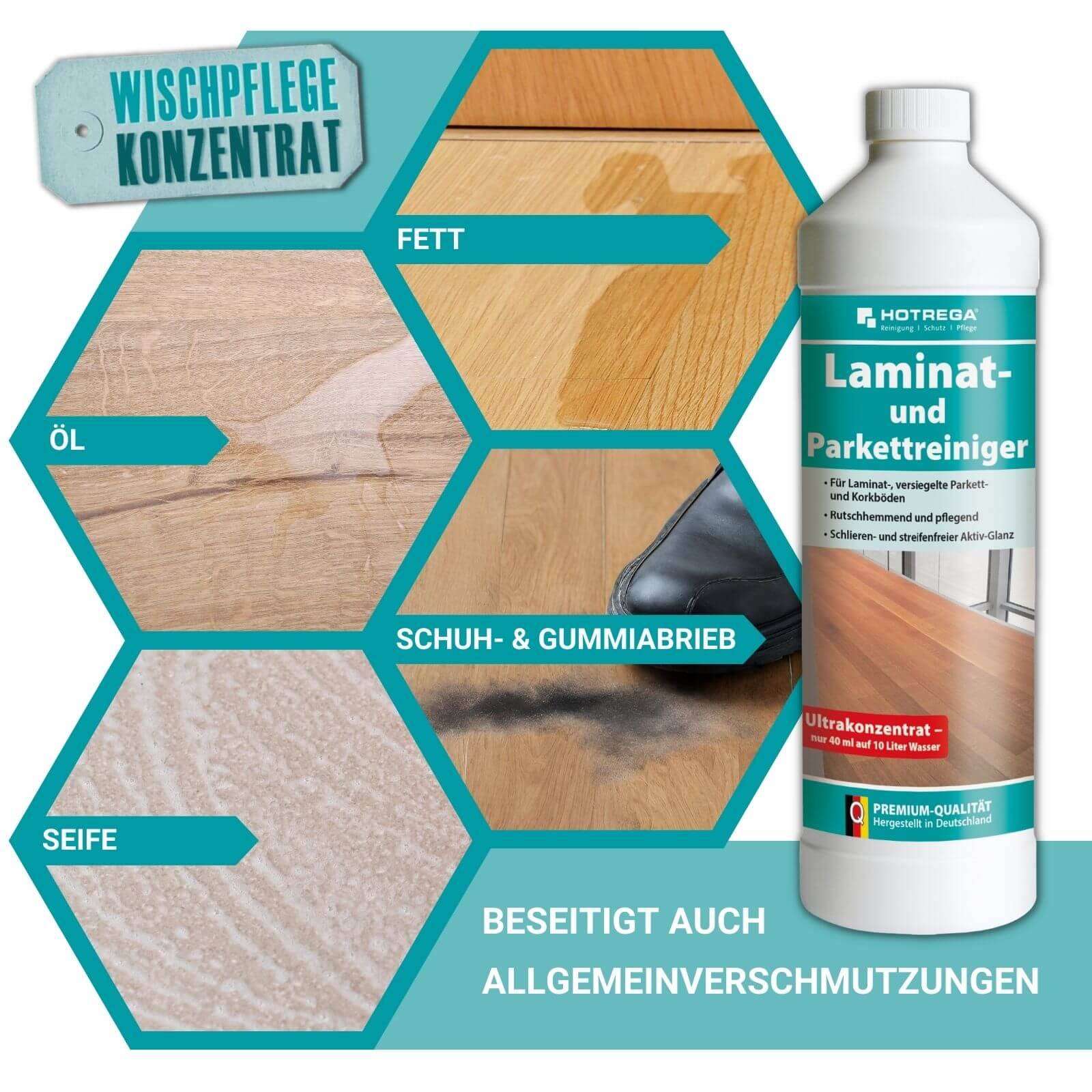 HOTREGA Laminat und Parkett Reiniger 1 L Konzentrat, Microfasermopp SET