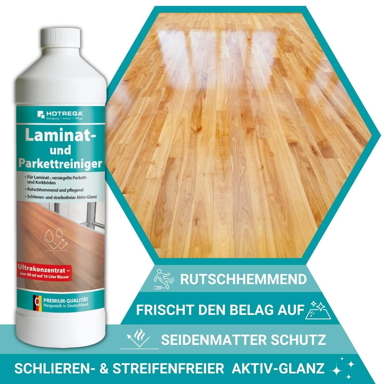 HOTREGA Laminat und Parkett Reiniger 1 L Konzentrat, Microfasermopp SET
