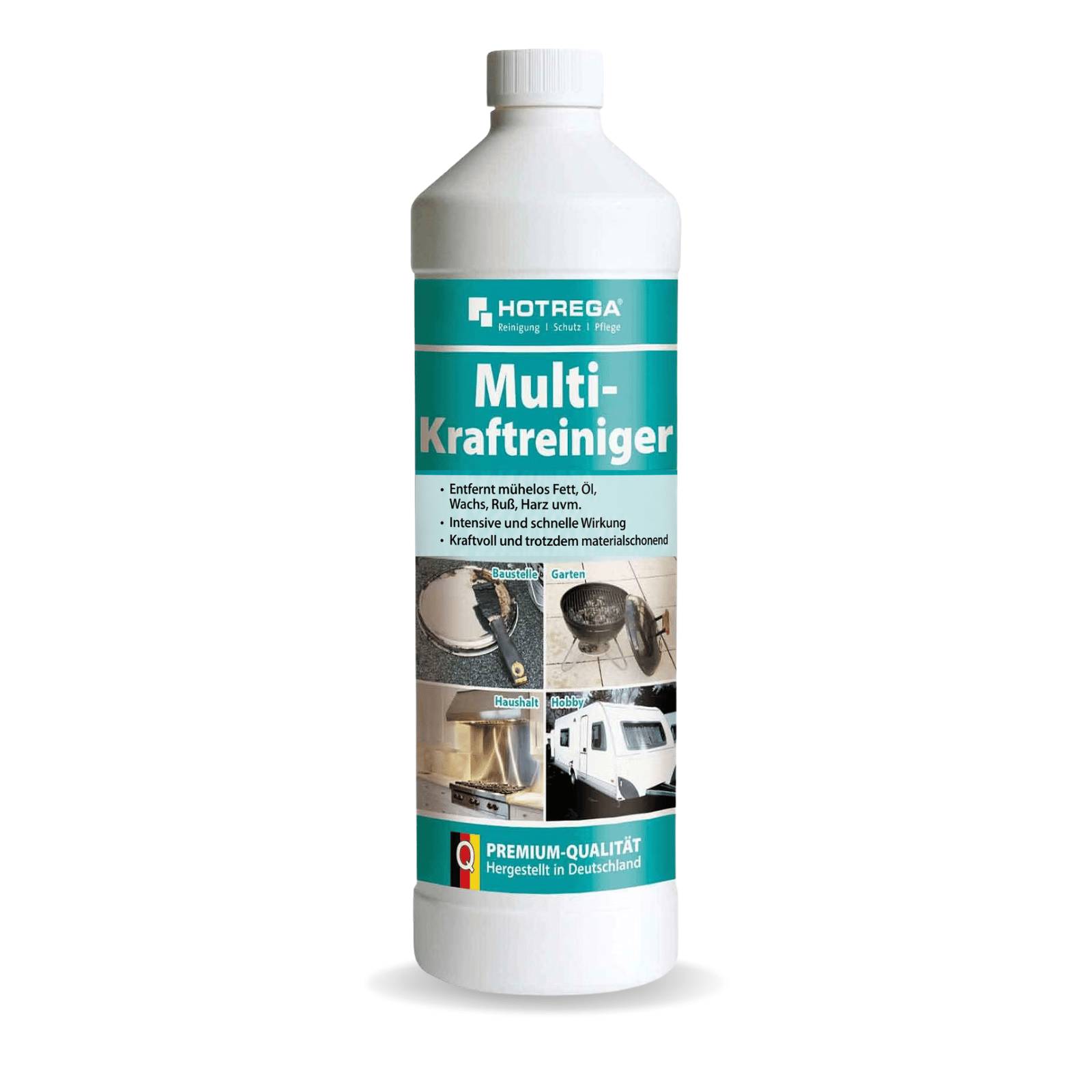Weiße Flasche von HOTREGA 'Multi-Kraftreiniger', gekennzeichnet zum Entfernen von Fett, Ruß, Wachs, Rost und Schmutz, mit Fotos von Oberflächen, die es reinigen kann.