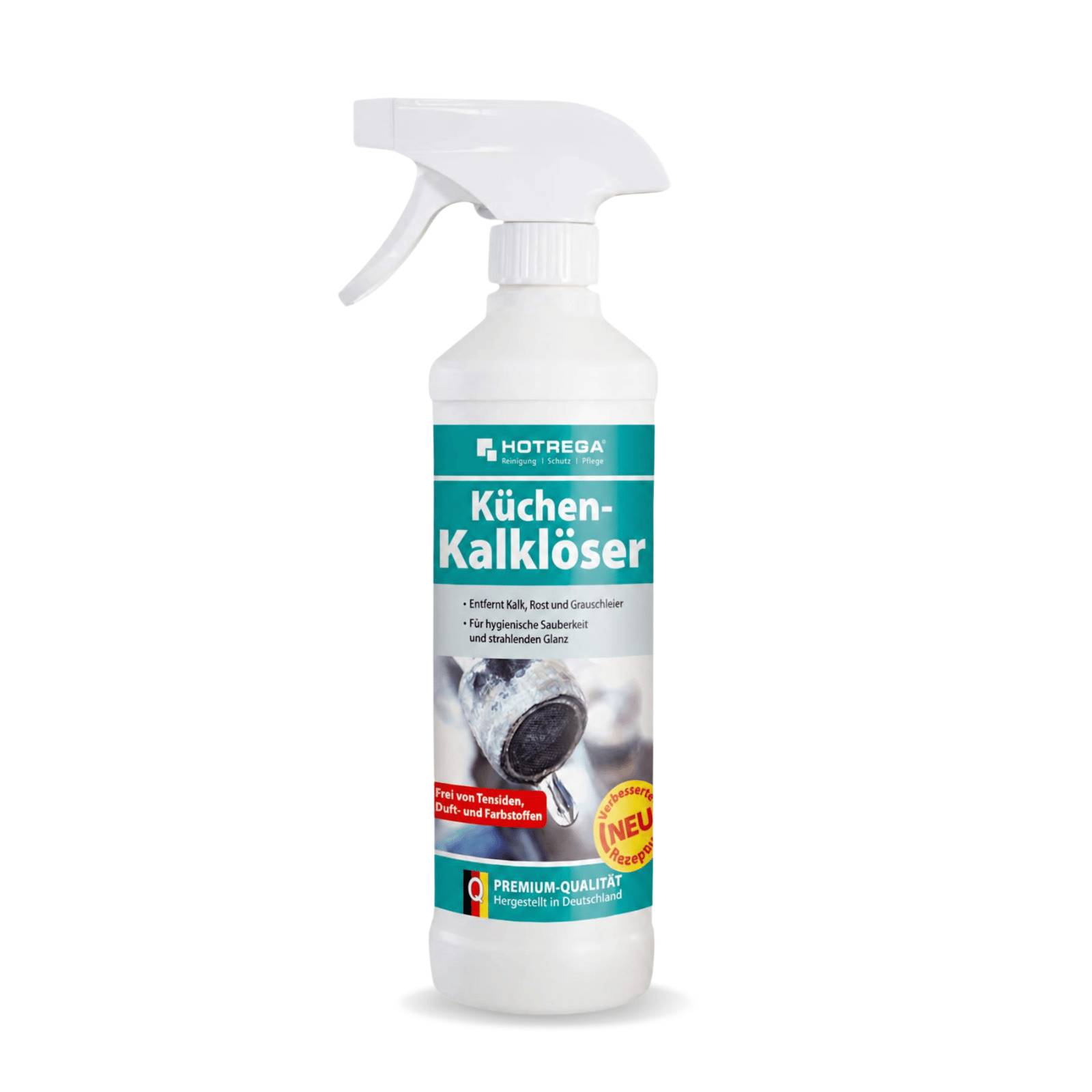 Weiße Sprühflasche von HOTREGA 'Küchen-Kalklöser' Küchenkalklöser, gekennzeichnet zum Reinigen von Fett und Rückständen.