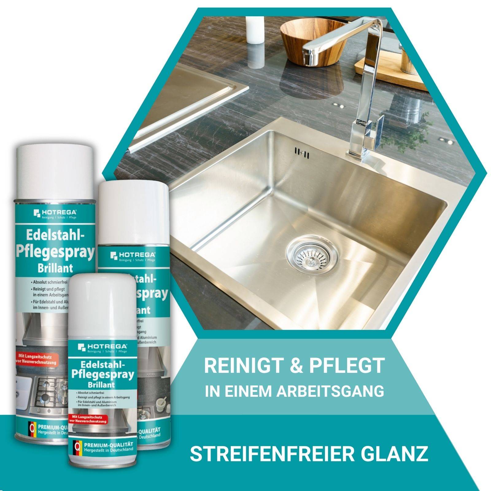 HOTREGA Edelstahl Pflegespray Brillant 300 ml SET + 2x Microfasertuch 40 x 40 cm
