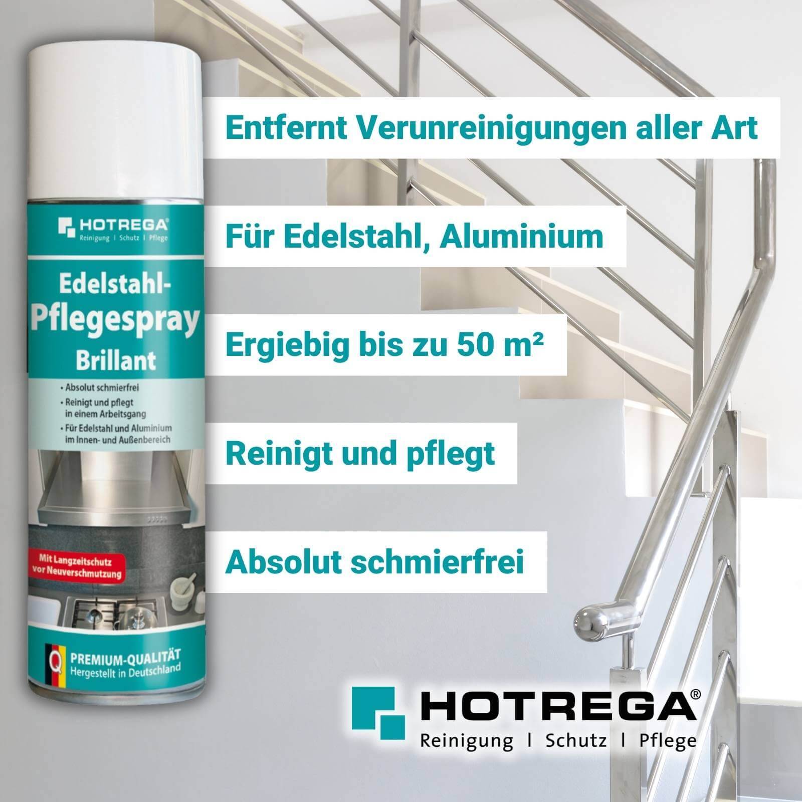 HOTREGA Edelstahl Pflegespray Brillant 300 ml SET + 2x Microfasertuch 40 x 40 cm