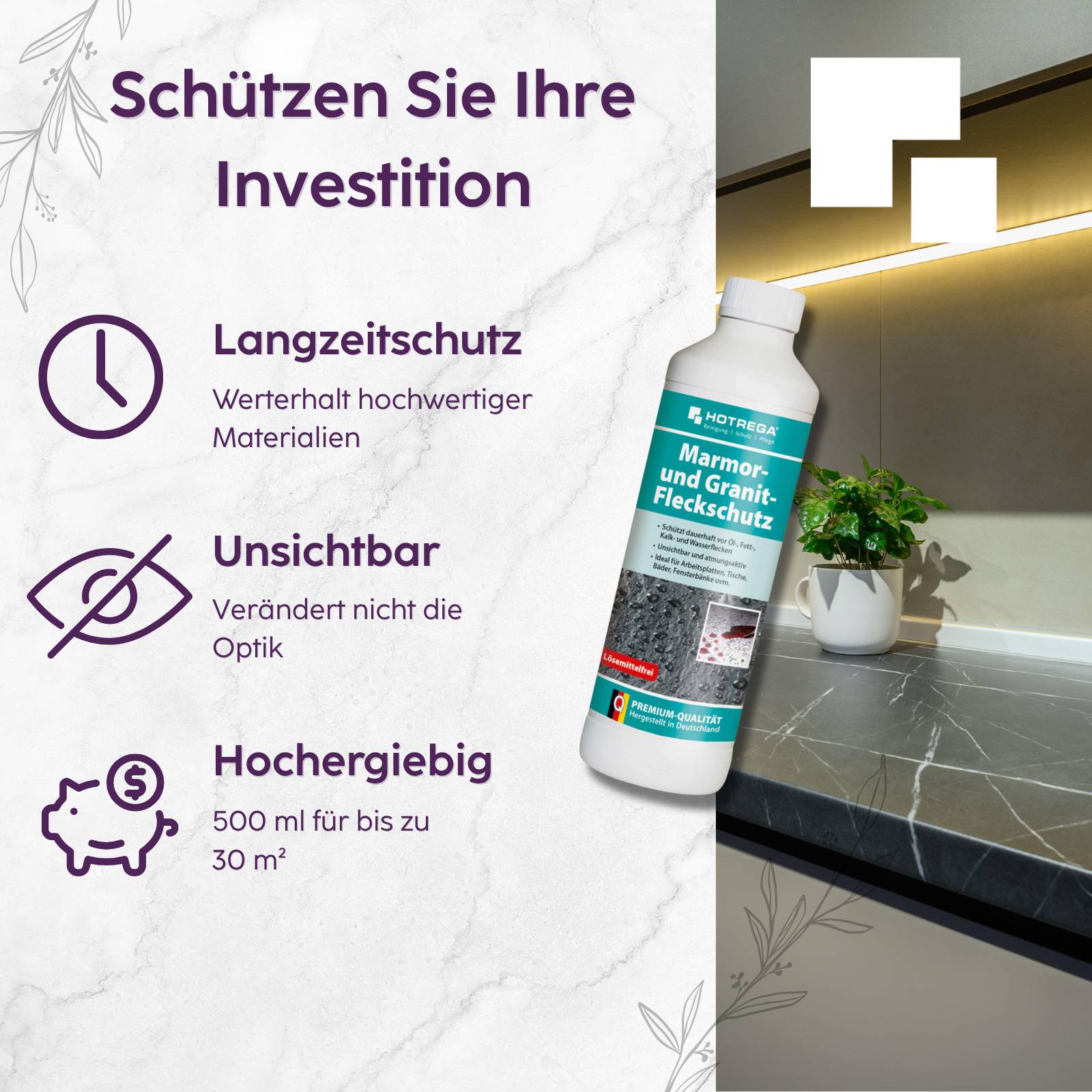 HOTREGA Marmor und Granit Fleckschutz 500 ml + Microfasertuch