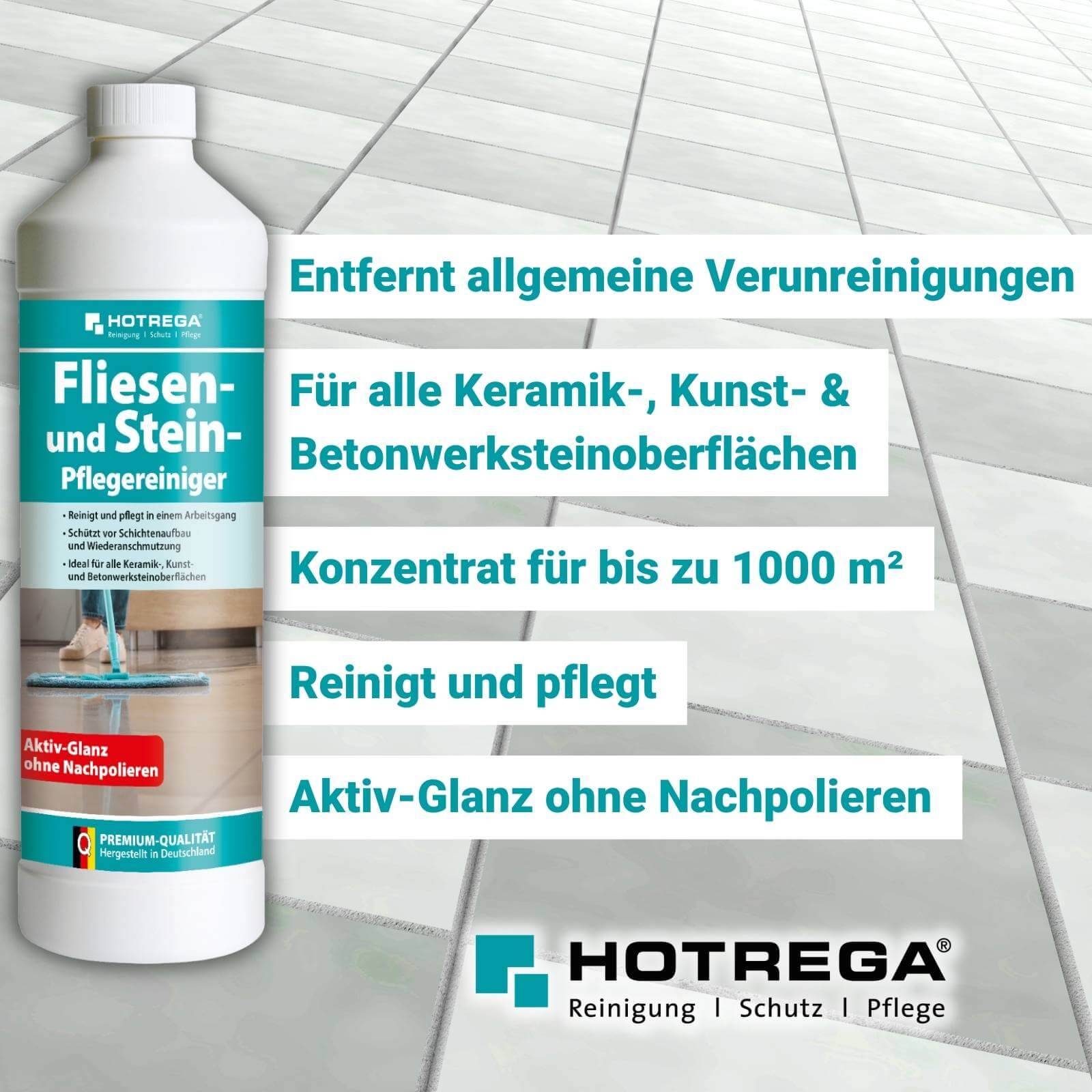 HOTREGA Fliesen & Stein Grundreiniger 1L, Pflegereiniger 1L, Pflegewachs 1L
