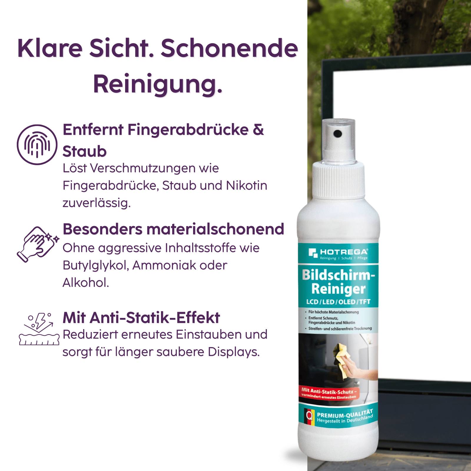 HOTREGA Bildschirmreiniger LCD/Plasma & TFT 250 ml Pumpsprühflasche SET + Microfasertuch 40 x 40 cm