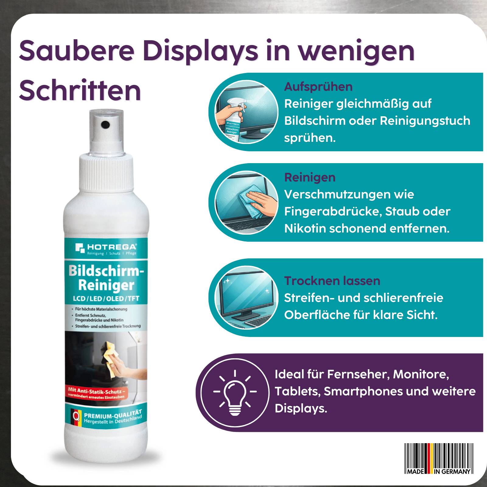 HOTREGA Bildschirmreiniger LCD/Plasma & TFT 250 ml Pumpsprühflasche SET + Microfasertuch 40 x 40 cm