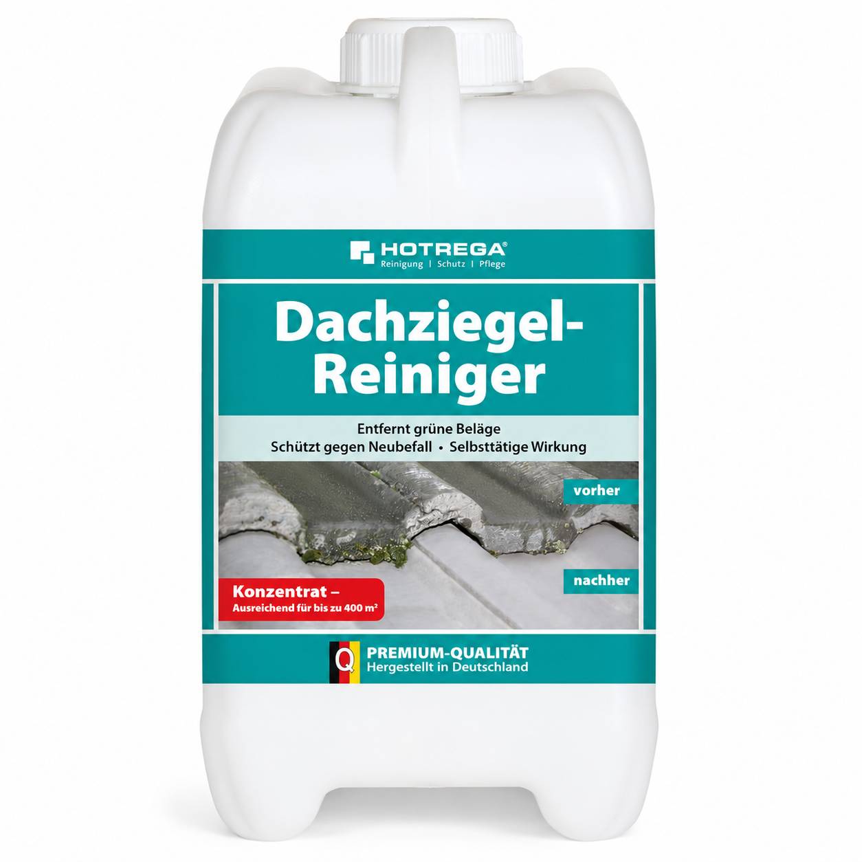 Flasche HOTREGA Dachziegel-Reiniger zur Reinigung von Dachziegeln, gekennzeichnet zum Entfernen von grünem Belag und zum Schutz vor neuem Bewuchs, mit Vorher-Nachher-Dachbild.