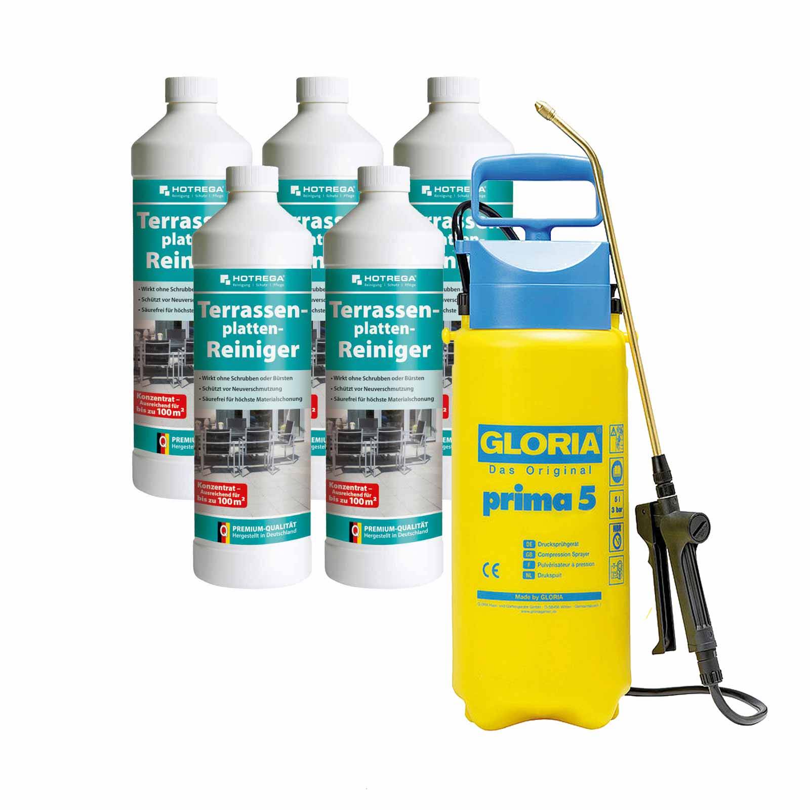 HOTREGA Terrassenplatten Reiniger 5x 1L + GLORIA Prima Drucksprüher