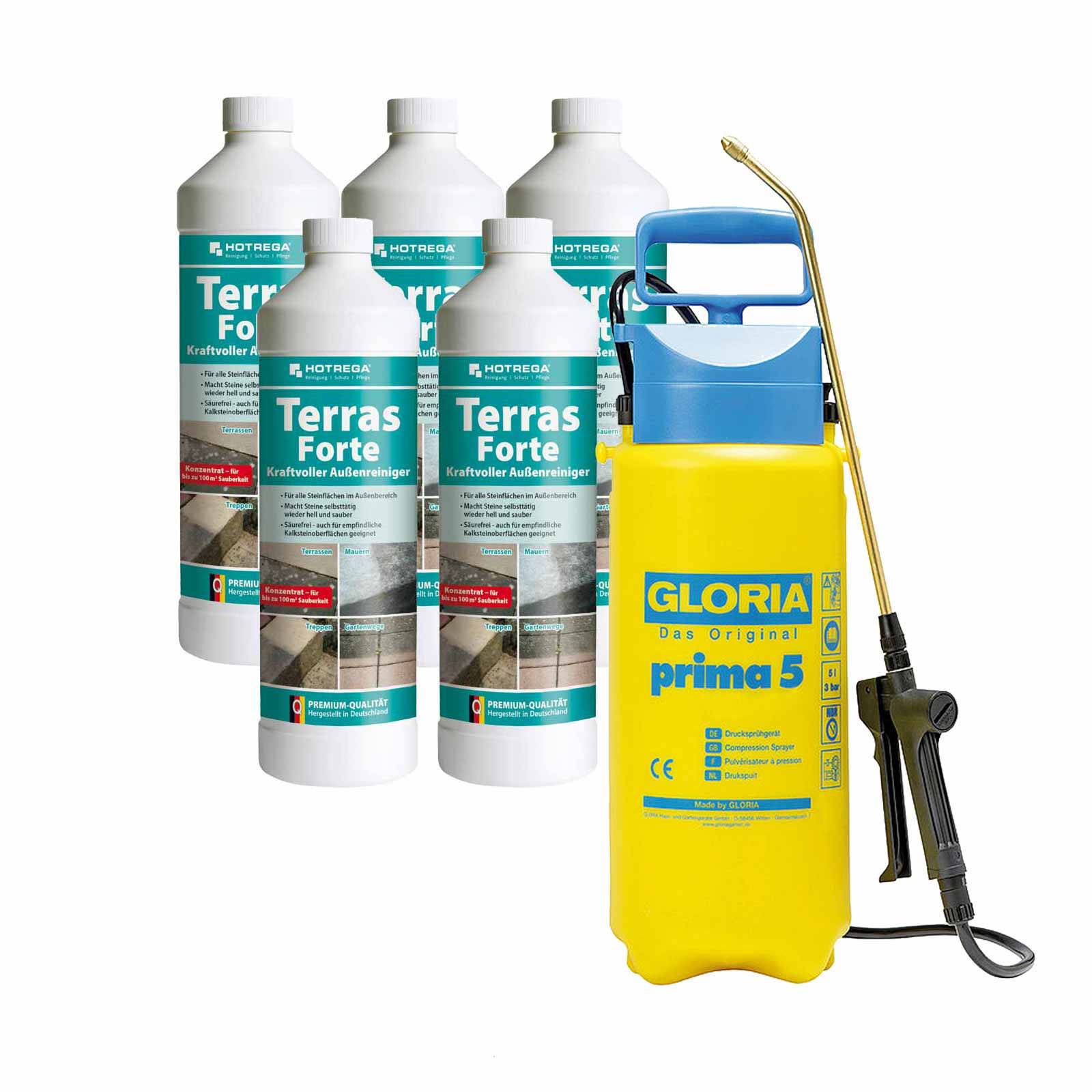 HOTREGA Terras Forte Außenreiniger 5x 1L + GLORIA Prima 5 Drucksprüher