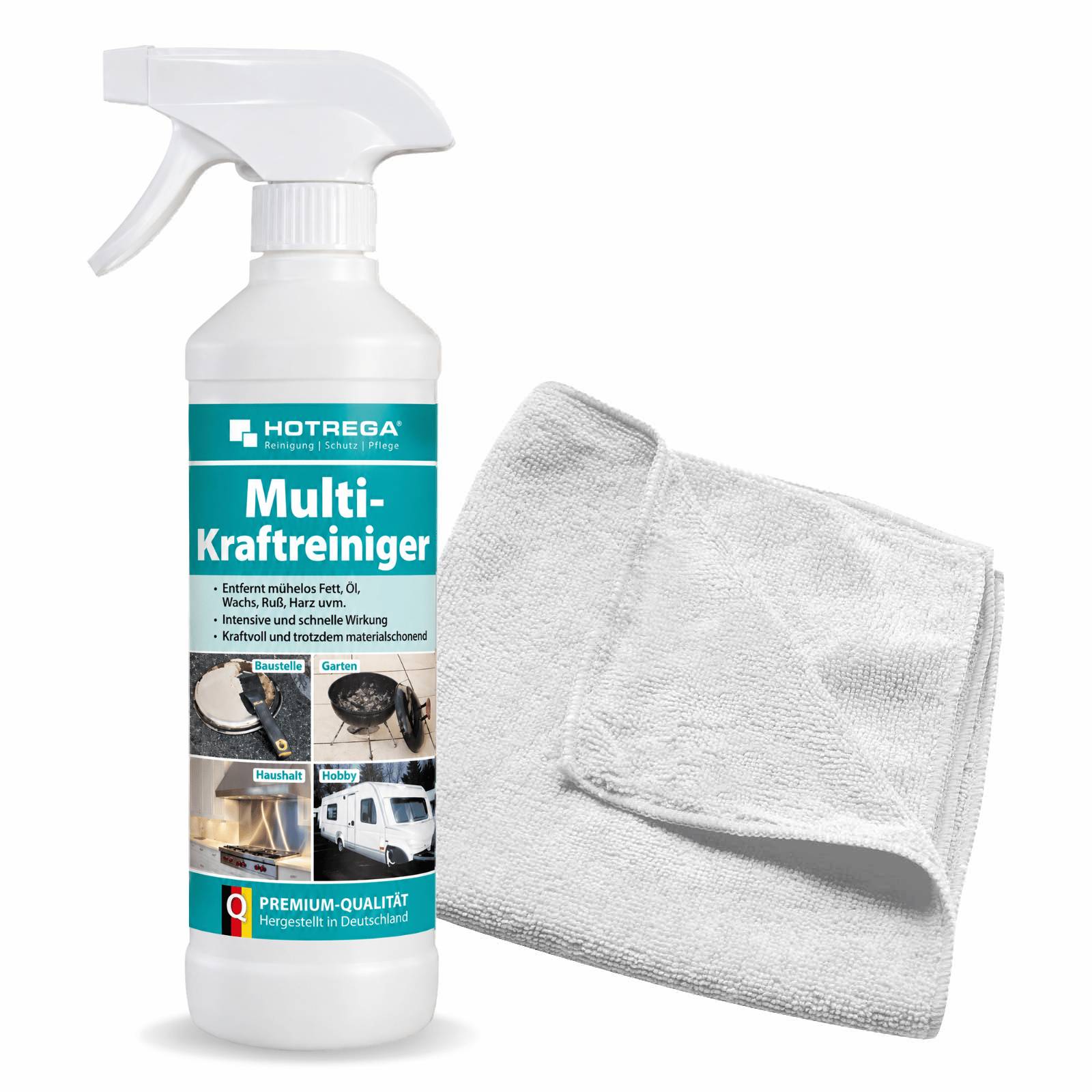 Flasche von HOTREGA 'Multi-Kraftreiniger' Reinigungsspray neben gefaltetem weißem Mikrofasertuch, gekennzeichnet zum Entfernen von Fett, Wachs, Rost und Teer