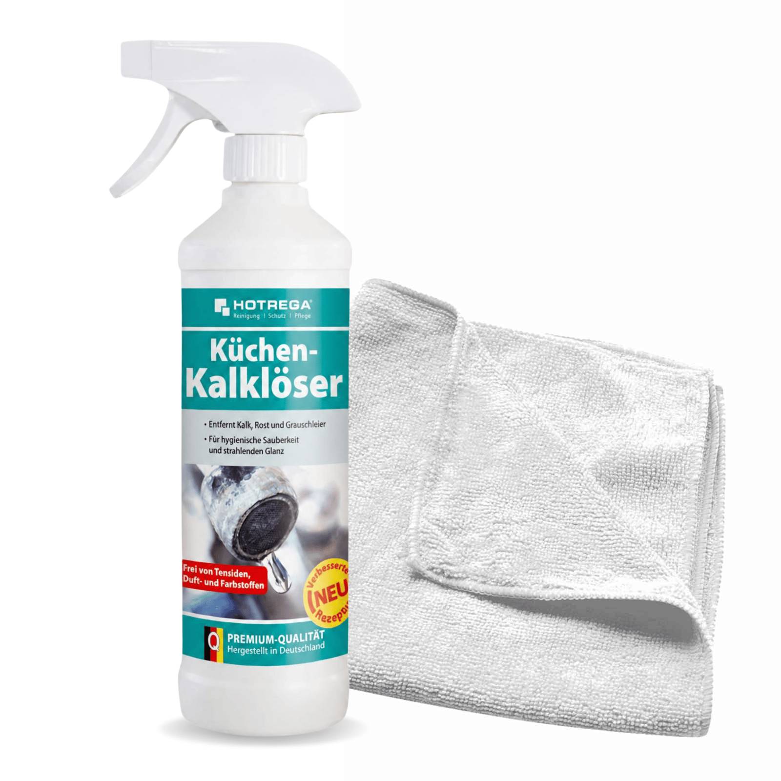 Sprühflasche von HOTREGA 'Küchen-Kalklöser' Küchen-Kalkentferner neben einem gefalteten Mikrofasertuch auf weißem Hintergrund.