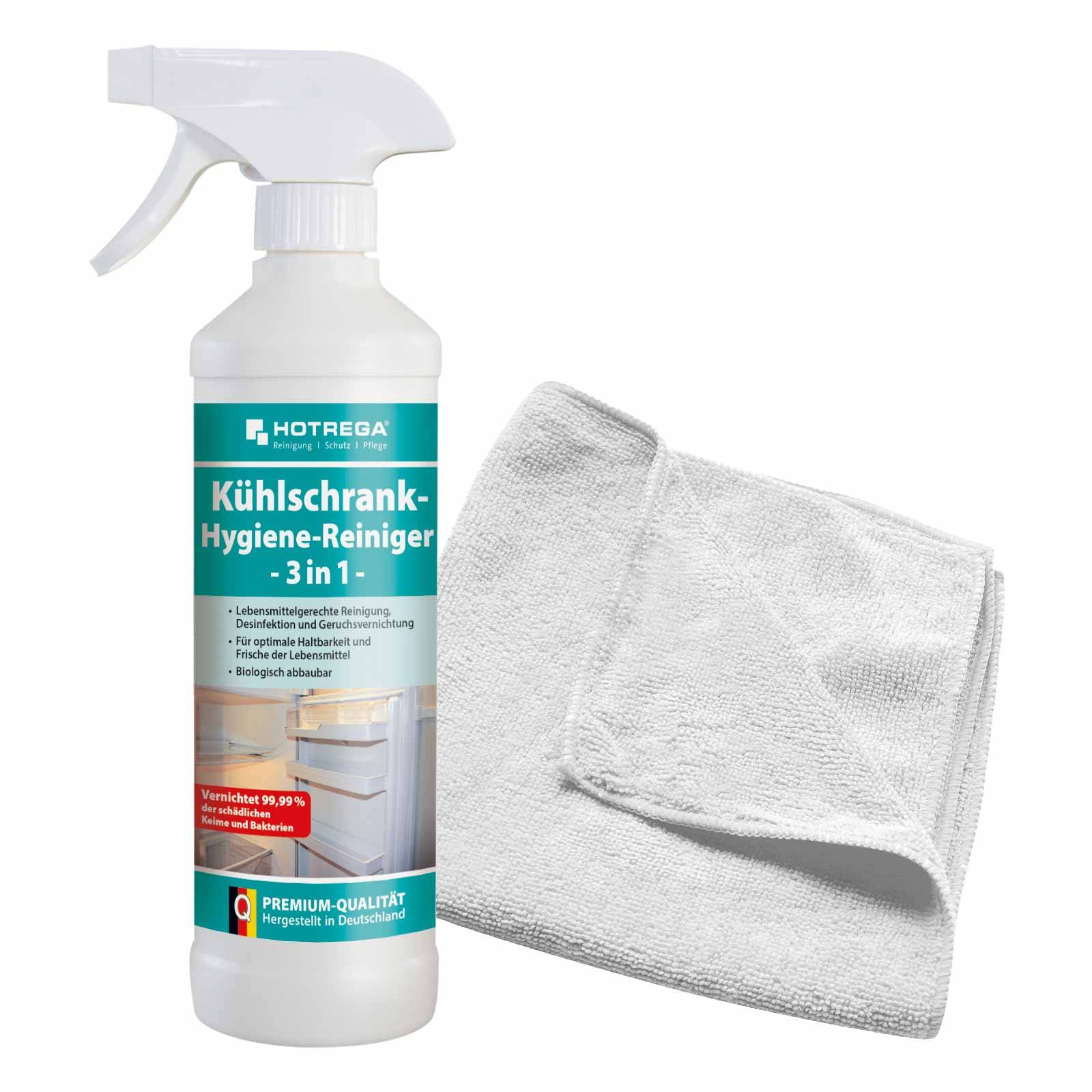 HOTREGA Kühlschrank Hygiene Reiniger 3 in 1 500 ml SET + Microfasertuch 40 x 40 cm