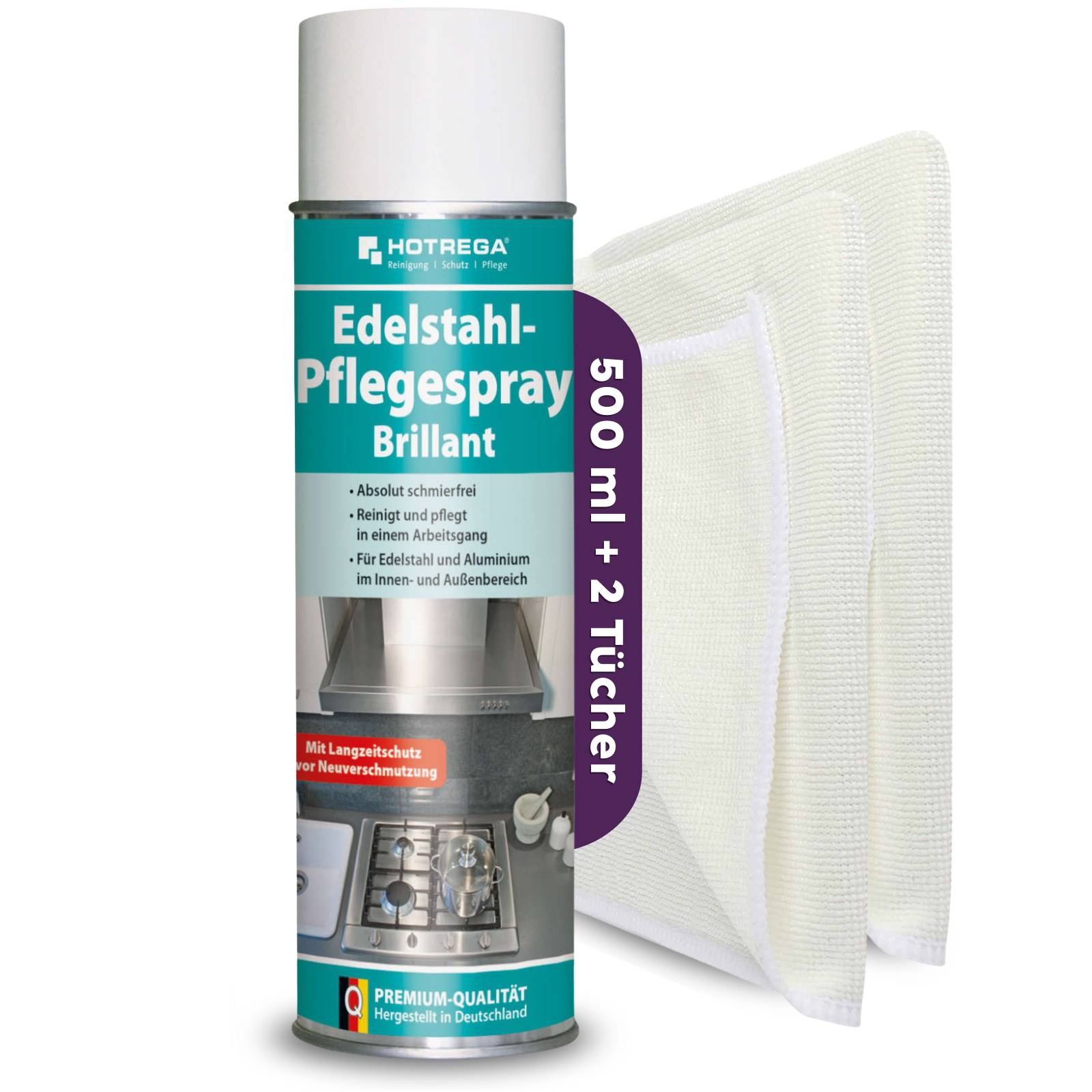 HOTREGA Edelstahl Pflegespray Brillant 500 ml SET + 2x Microfasertuch 40 x 40 cm