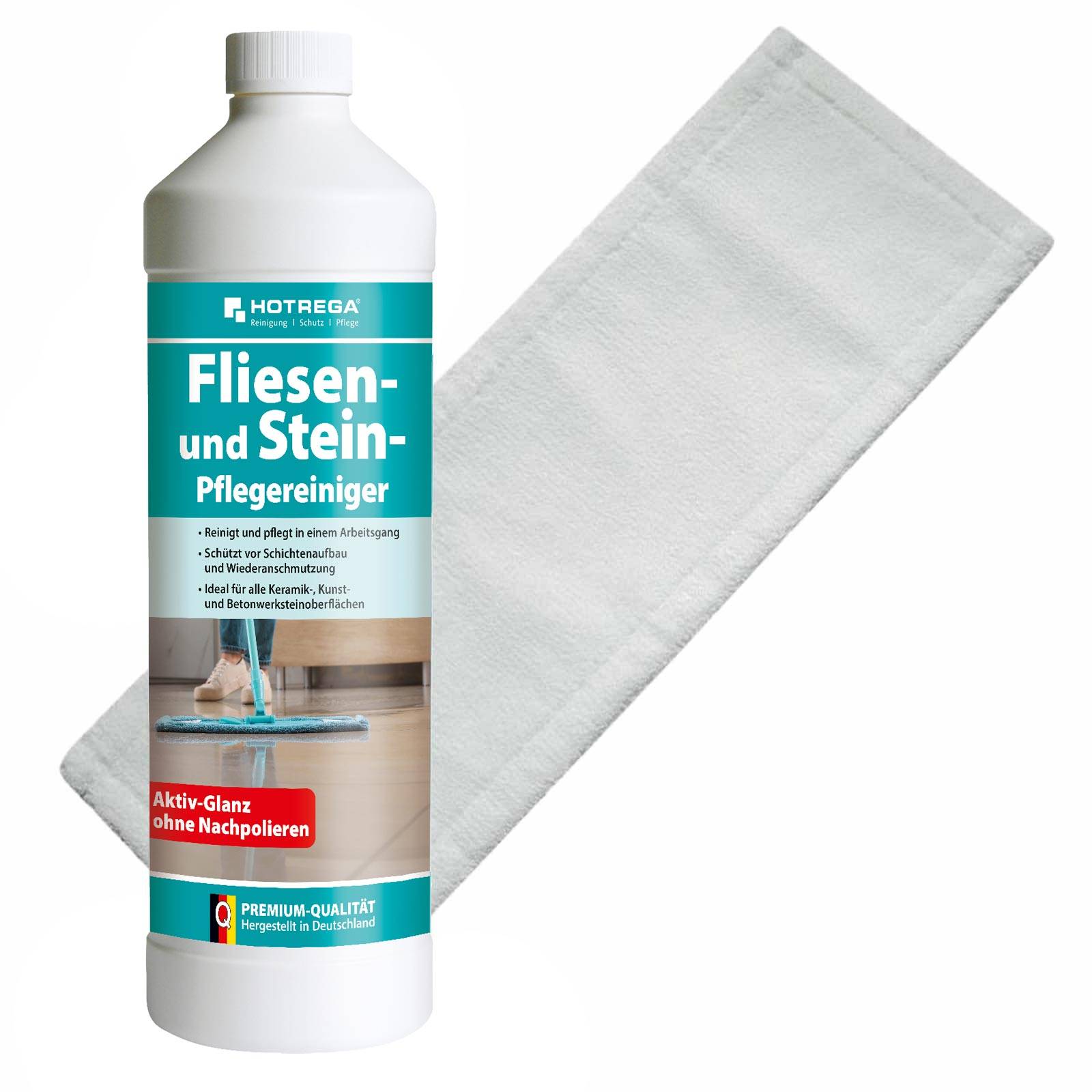 HOTREGA Fliesen und Stein Pflegereiniger 1L Konzentrat SET + Microfasermopp 40 cm