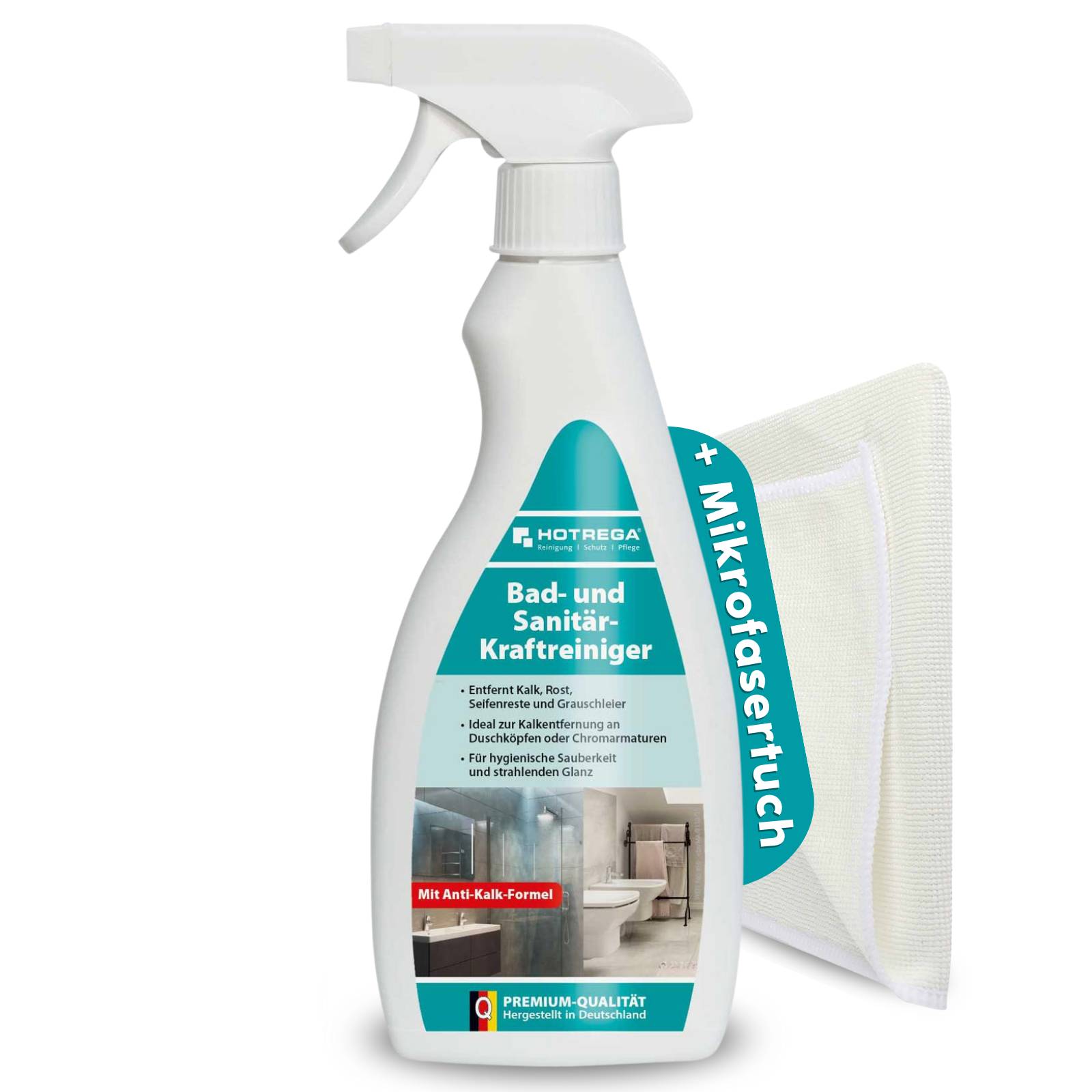HOTREGA Bad- und Sanitär-Kraftreiniger 500 ml, Microfasertuch Set