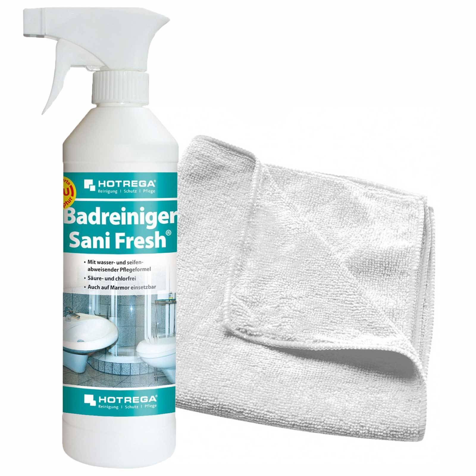 HOTREGA Badreiniger "Sani Fresh" 500 ml Sprühflasche SET + Microfasertuch 40 x 40 cm