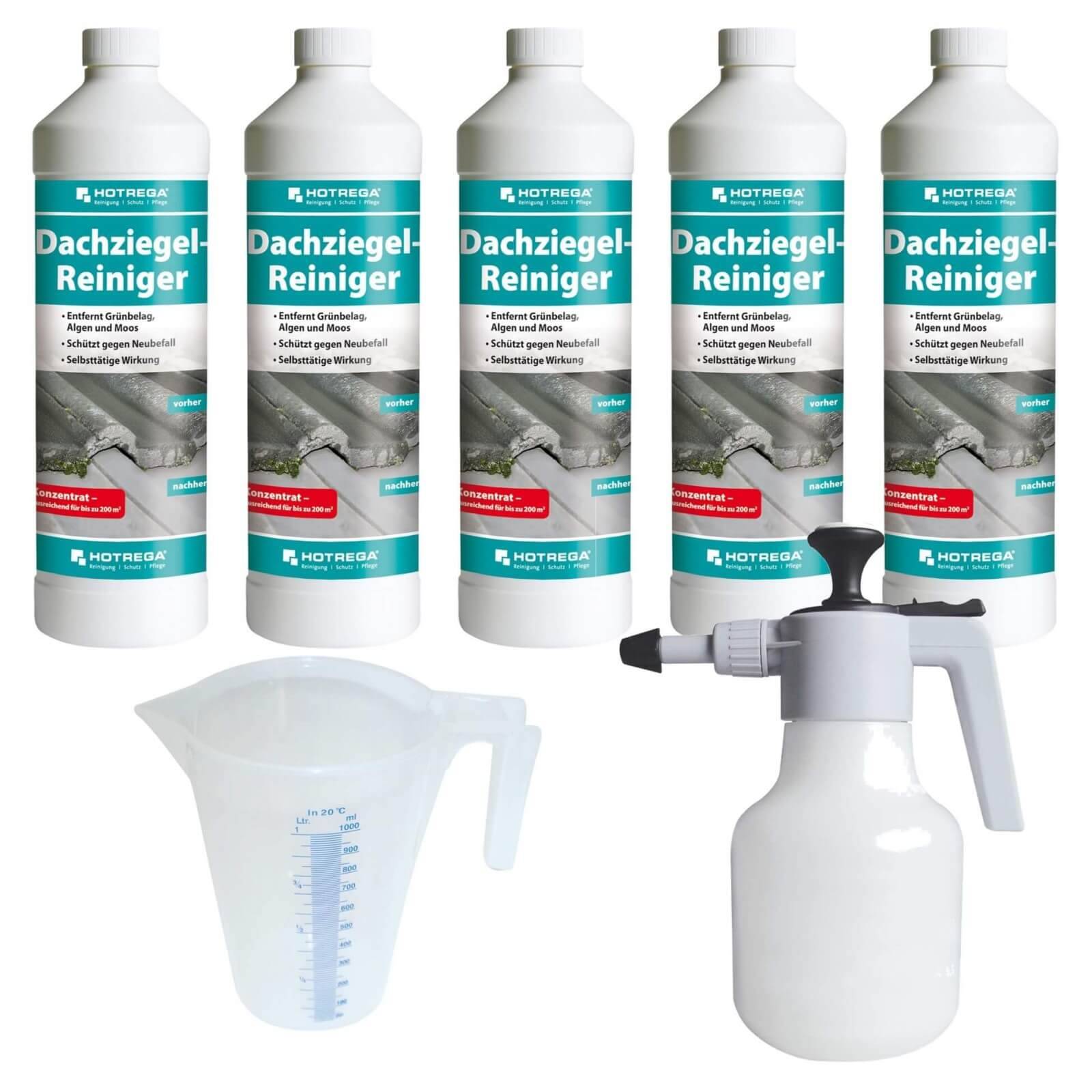 HOTREGA Dachziegel Reiniger Konzentrat 5x 1L inkl. Messbecher & Druckspritze