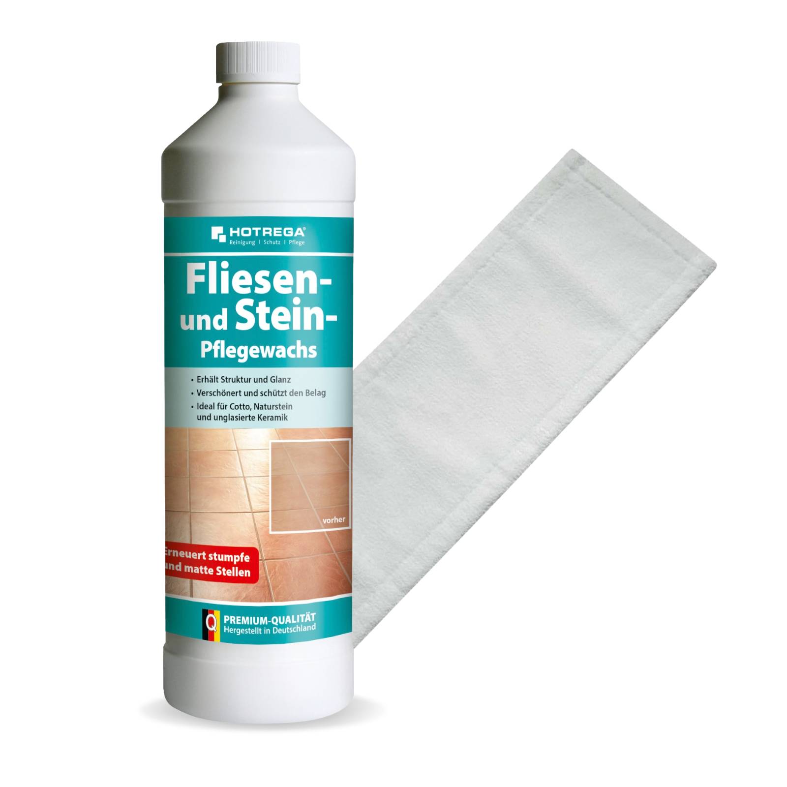 HOTREGA Fliesen und Stein Pflegewachs 1L SET + Microfasermopp 40 cm