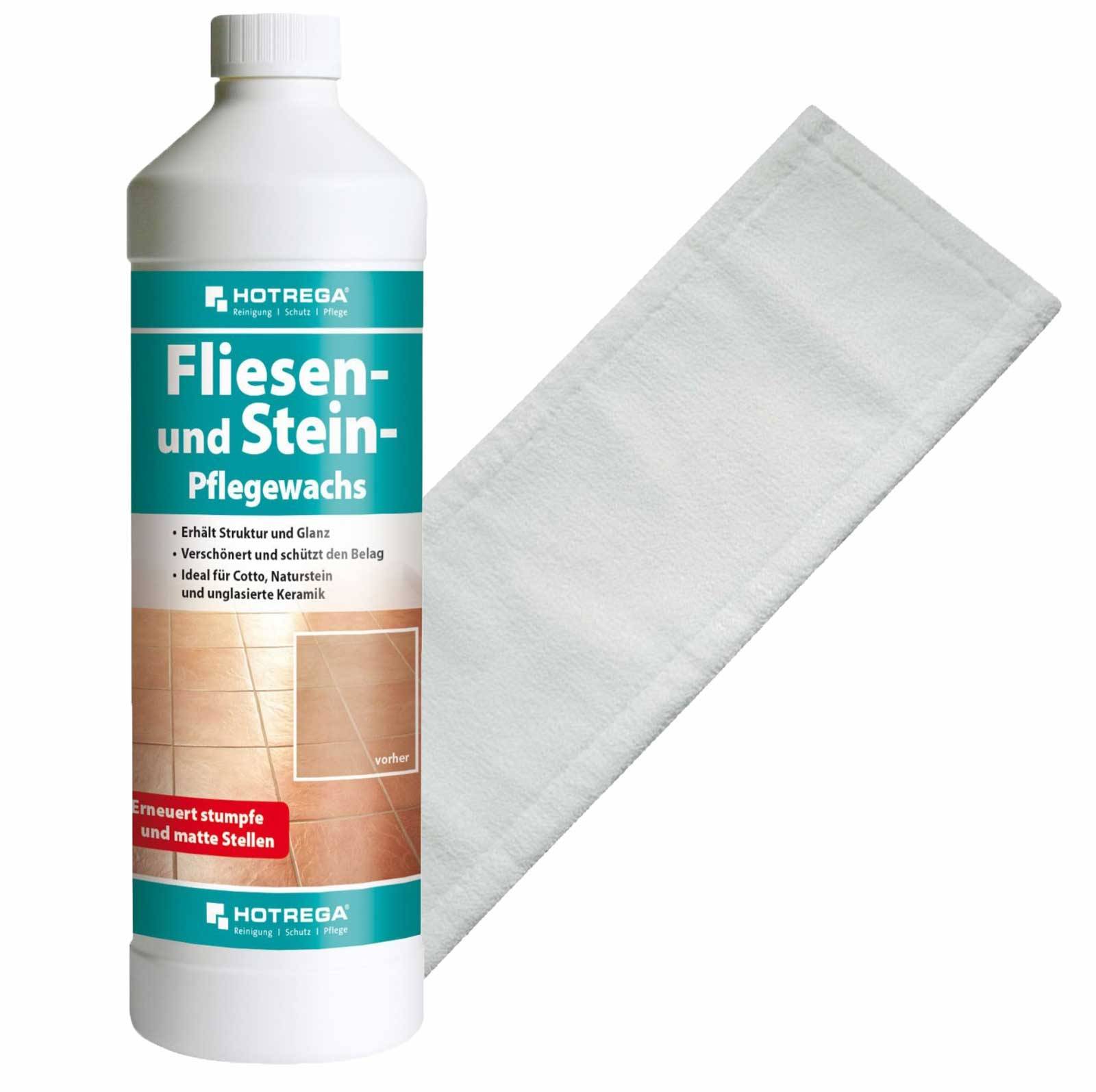 HOTREGA Fliesen und Stein Pflegewachs 1L SET + Microfasermopp 40 cm