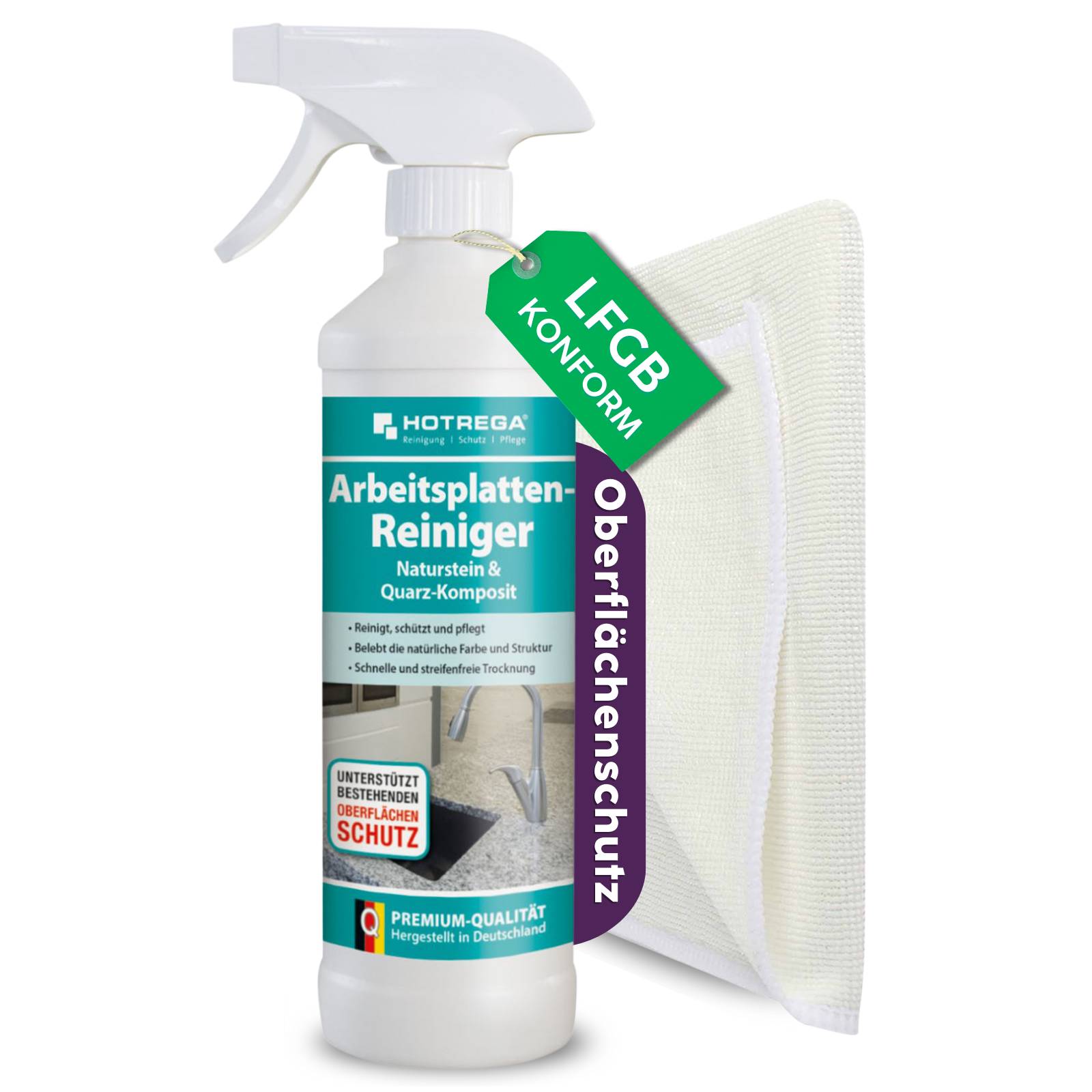 HOTREGA Arbeitsplatten Reiniger Naturstein & Quarz Komposit 500 ml inkl. Microfasertuch