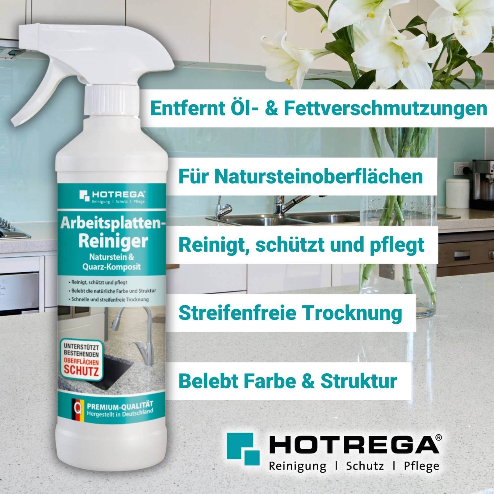 HOTREGA Arbeitsplatten Reiniger Naturstein & Quarz Komposit 500 ml inkl. Microfasertuch
