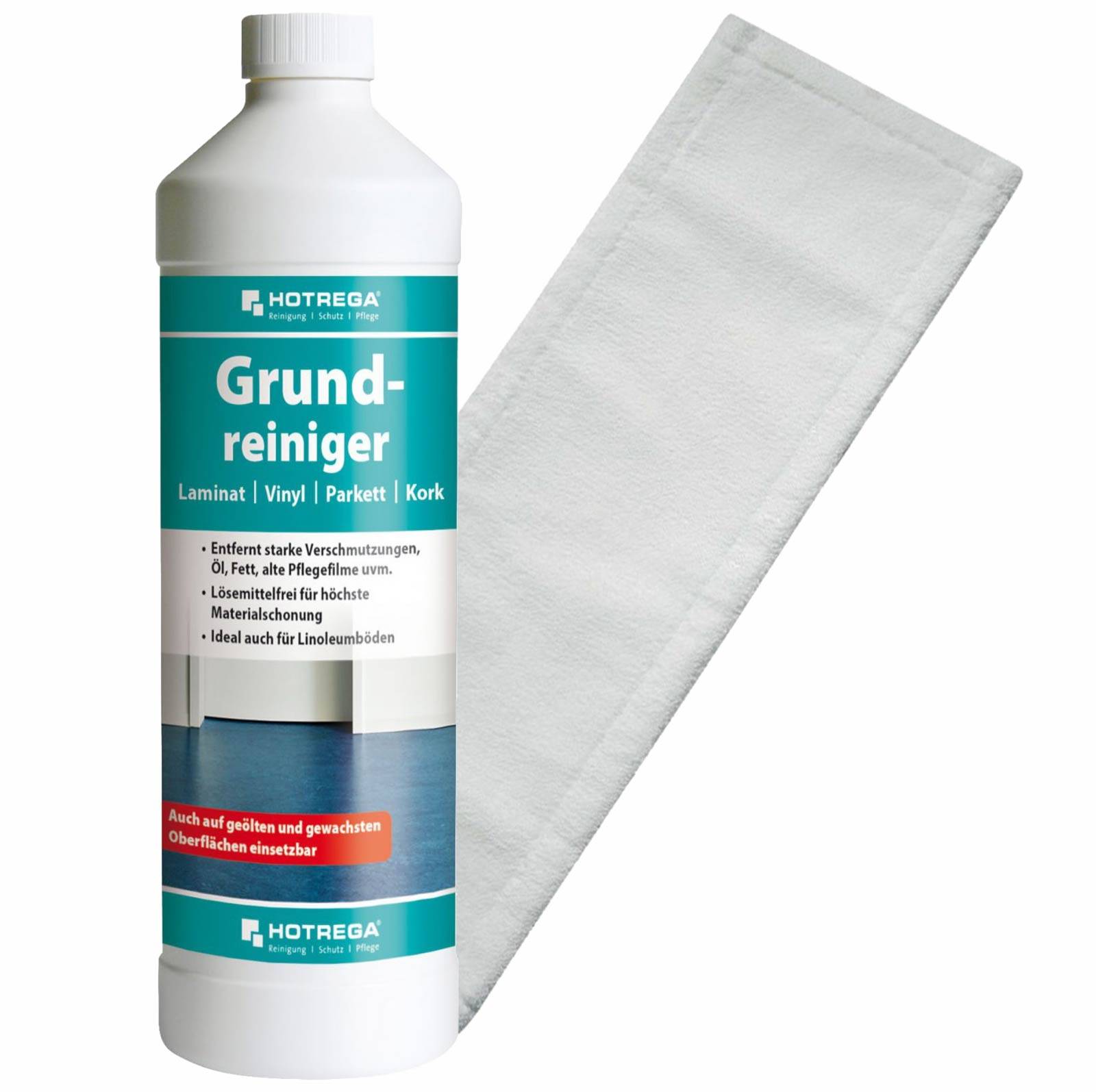 HOTREGA Grundreiniger Laminat Vinyl Parkett Kork 1L SET + Microfasermopp 40 cm