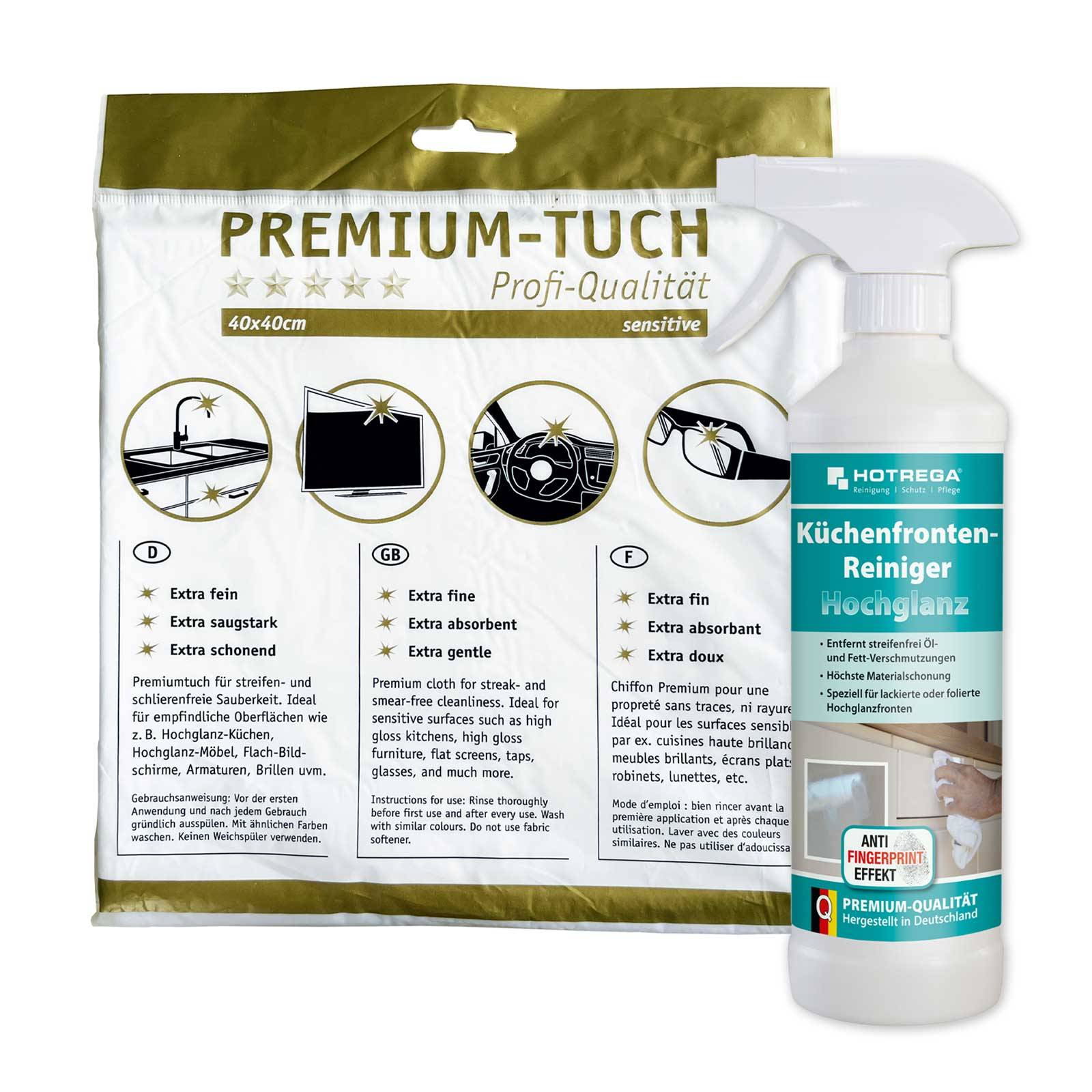 HOTREGA Küchenfronten Reiniger Hochglanz 500 ml SET + Microfasertuch 40 x 40 cm