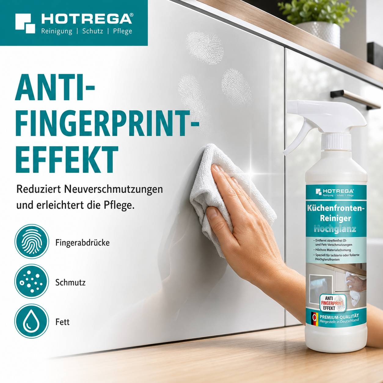 Anzeige für HOTREGA Küchenfront-Reiniger mit einer Hand, die eine Schranktür abwischt, und wirbt für eine „Fingerabdruck-Schutzwirkung