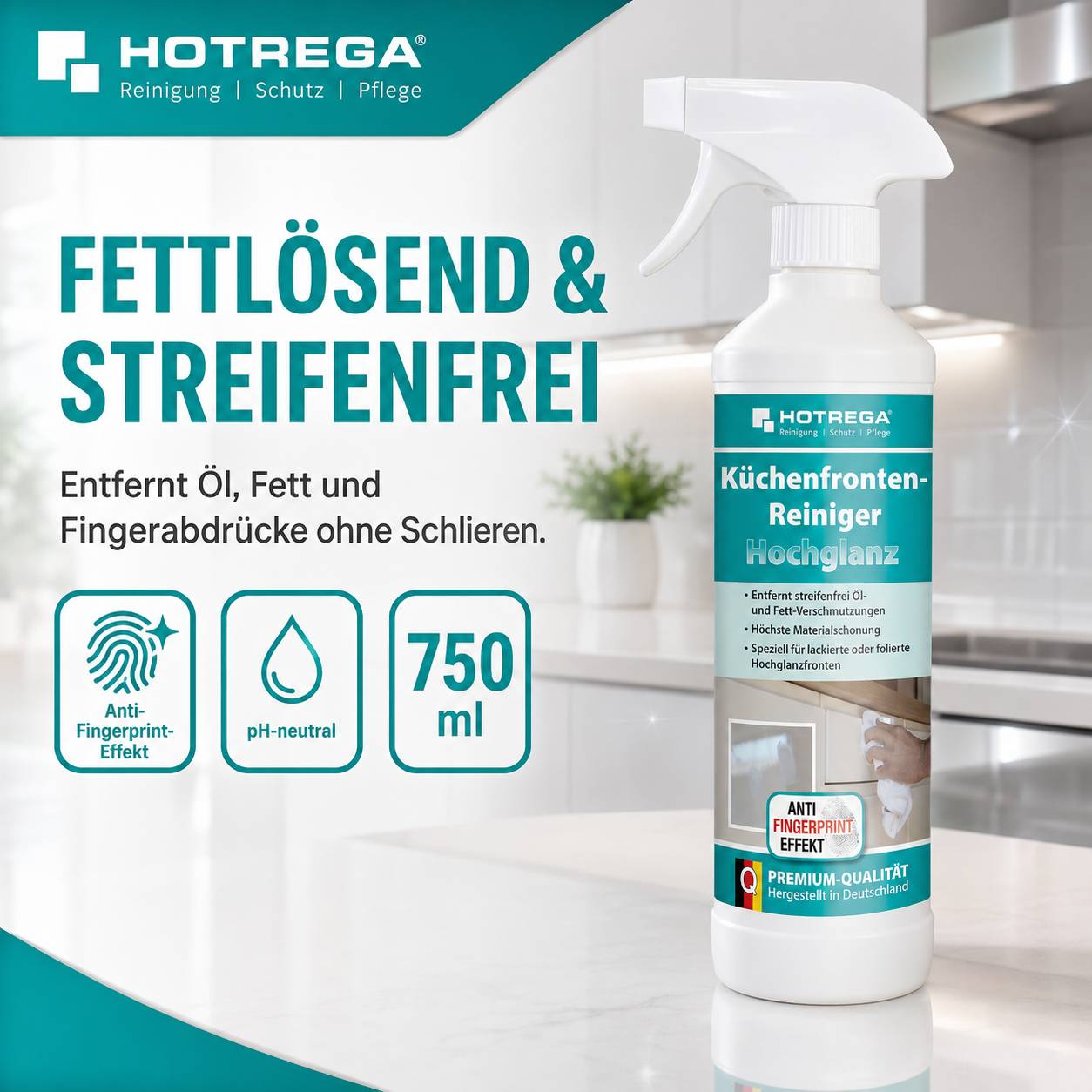 Hotrega Küchenfrontreinigerreinigungsspray in der Sprühflasche mit Entfettung, streifenfrei, pH-neutral, Anti-Fingerabdruck-Reinigung; 750 ml.