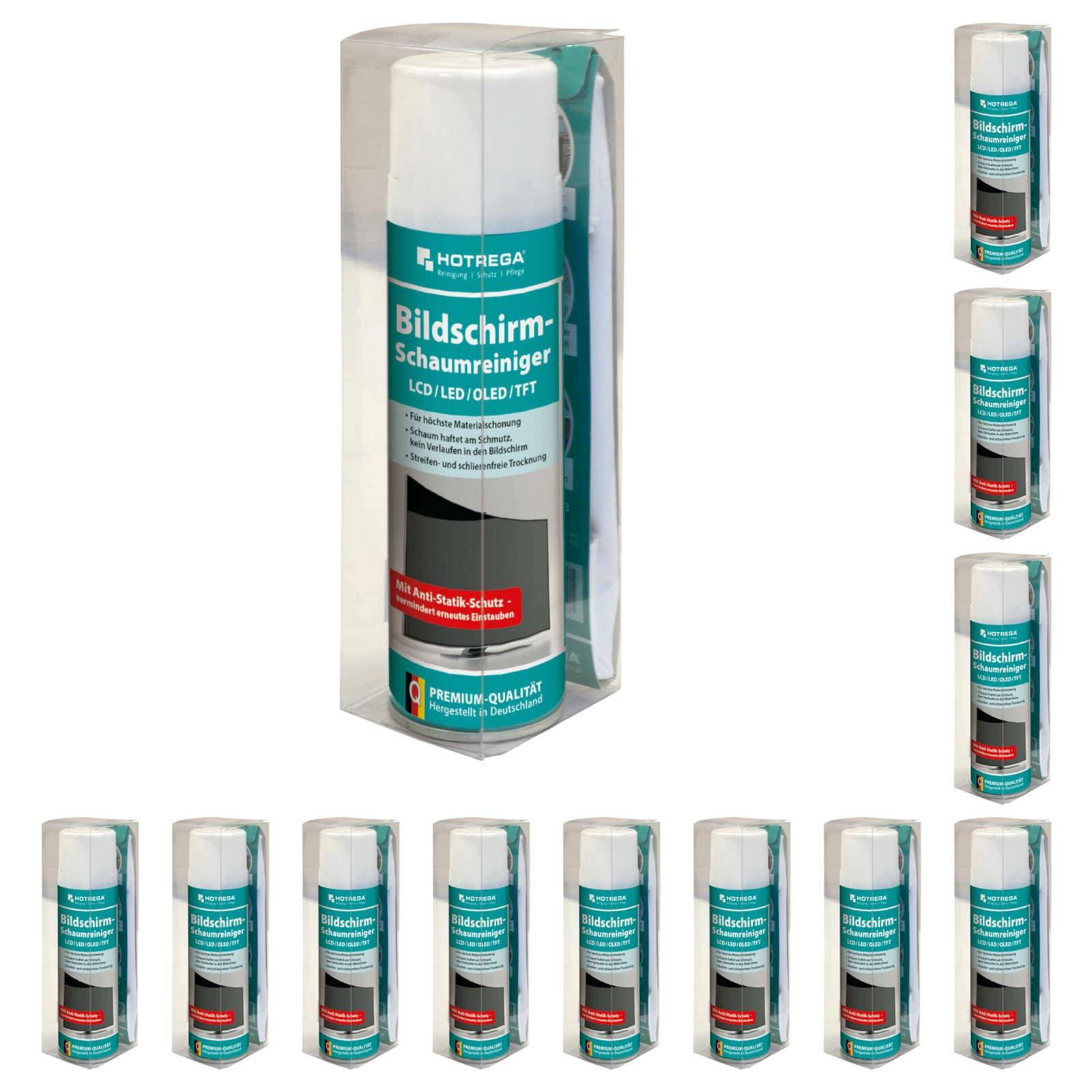 HOTREGA Bildschirm Schaumreiniger LCD LED OLED TFT 300 ml, Mikrofasertuch SET - 12 Stück