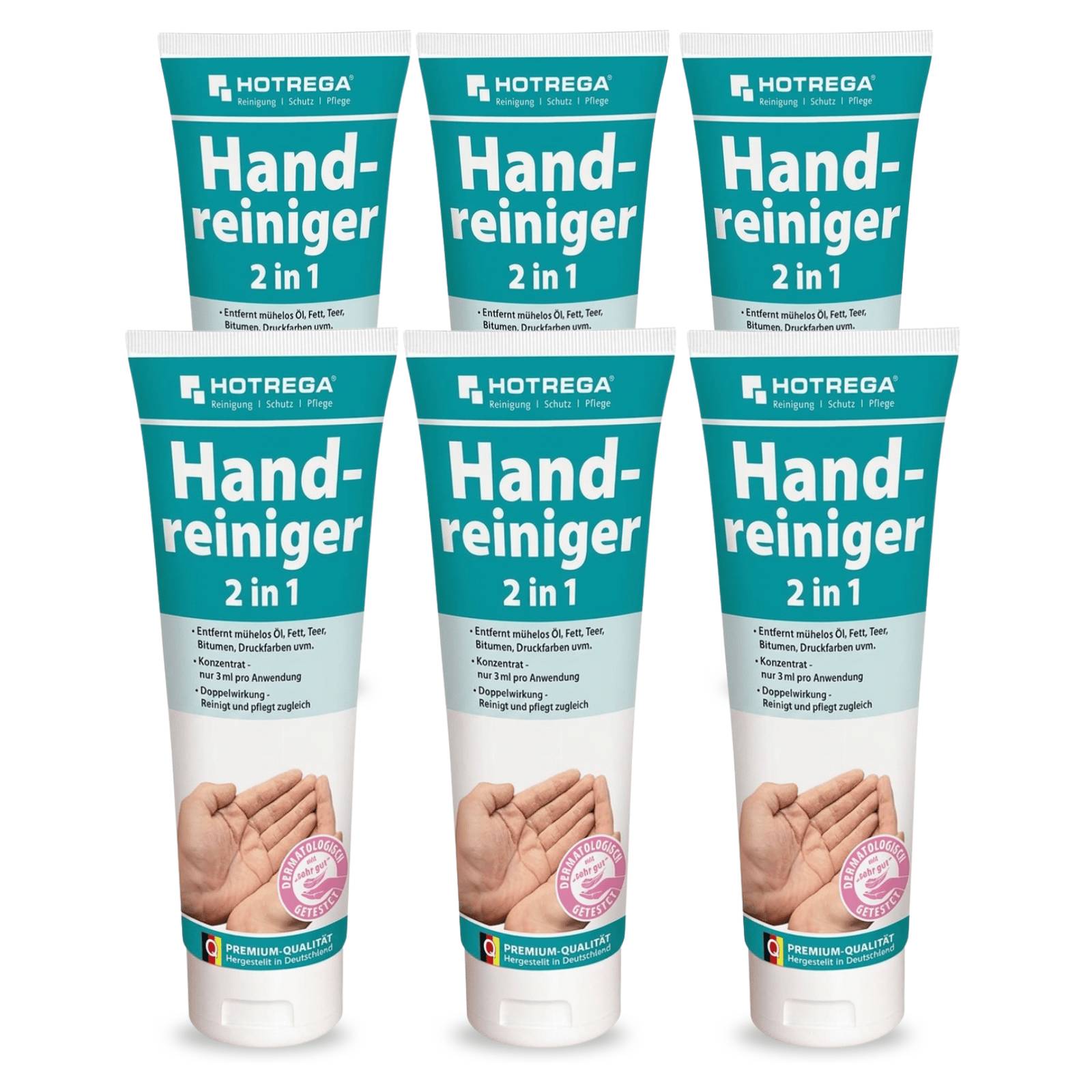 Sechs HOTREGA 'Hand-reiniger 2 in 1' Handreinigertuben in zwei Reihen auf weißem Hintergrund angeordnet.