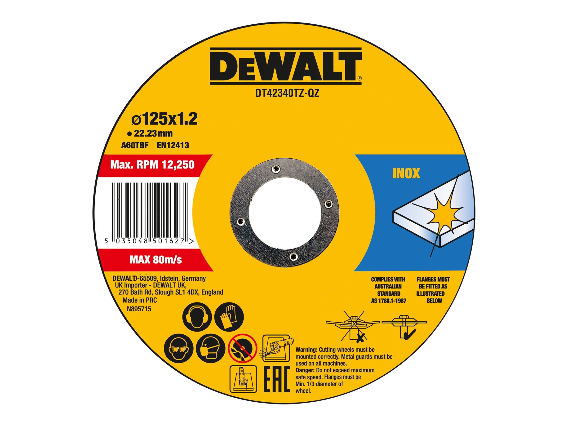 DeWALT Trennscheibe für Inox, Größe Ø125 x 1,2 mm, maximale Drehzahl 12.250 U/min, Strichcode und Sicherheitssymbole auf gelber Verpackung.