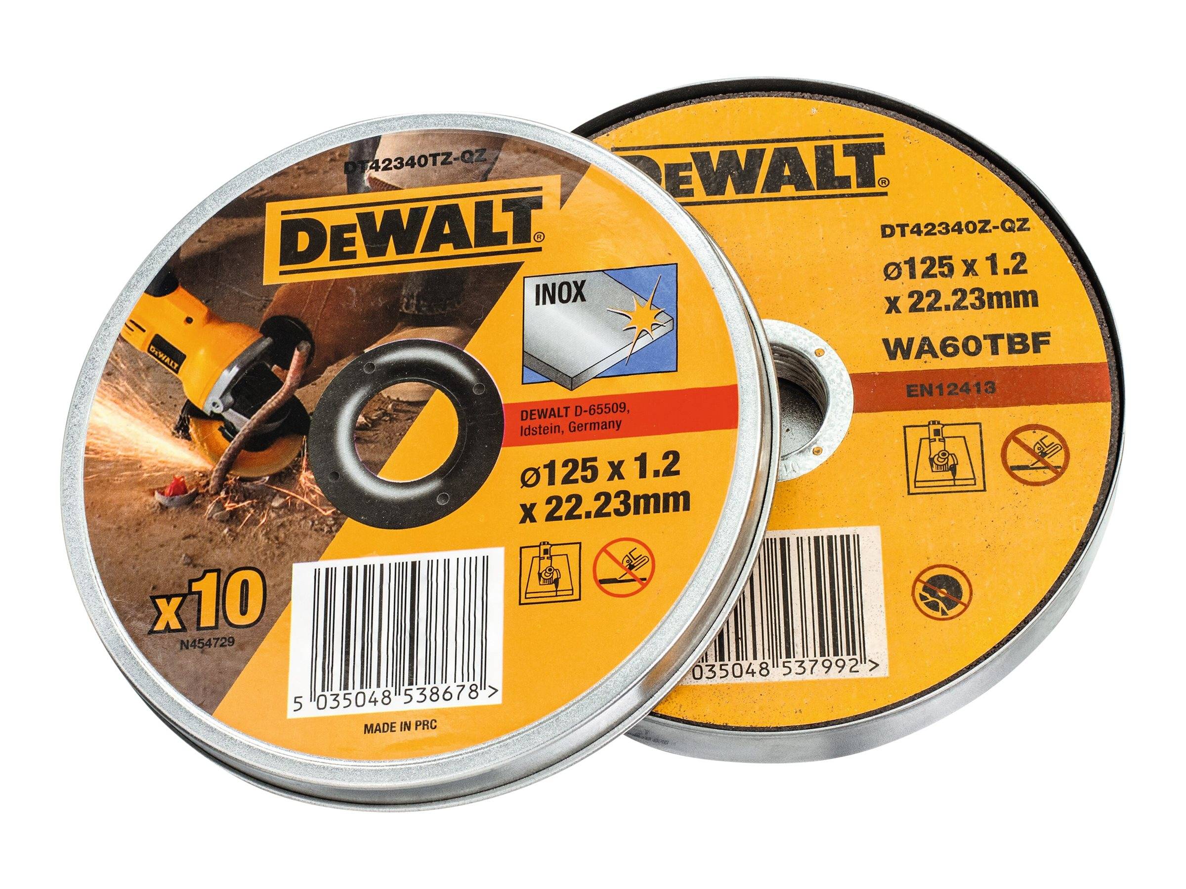 Zwei DeWalt Schleiftrennscheiben auf weiß, gekennzeichnet für INOX/Edelstahl, Größe 125 x 1,2 x 22,23 mm, eine Packung mit 10 Stück.