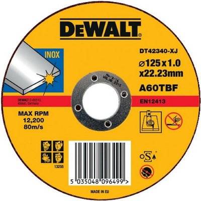 DeWALT INOX Trennscheibe mit Etikett, 125 x 1,0 x 22,23 mm, A60TBF, maximale Drehzahl 12.200 U/min, mit Sicherheitssymbolen und Strichcode.