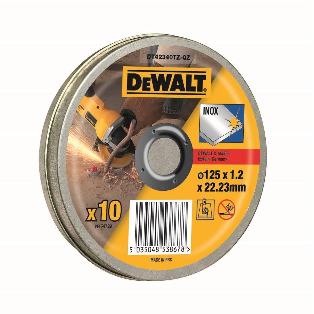 DeWALT 10er-Pack Edelstahl-Trennscheiben 125 x 1,2 mm zum Schneiden von Metall, gezeigt in Einzelhandelverpackung mit Barcode und Sicherheitssymbolen.