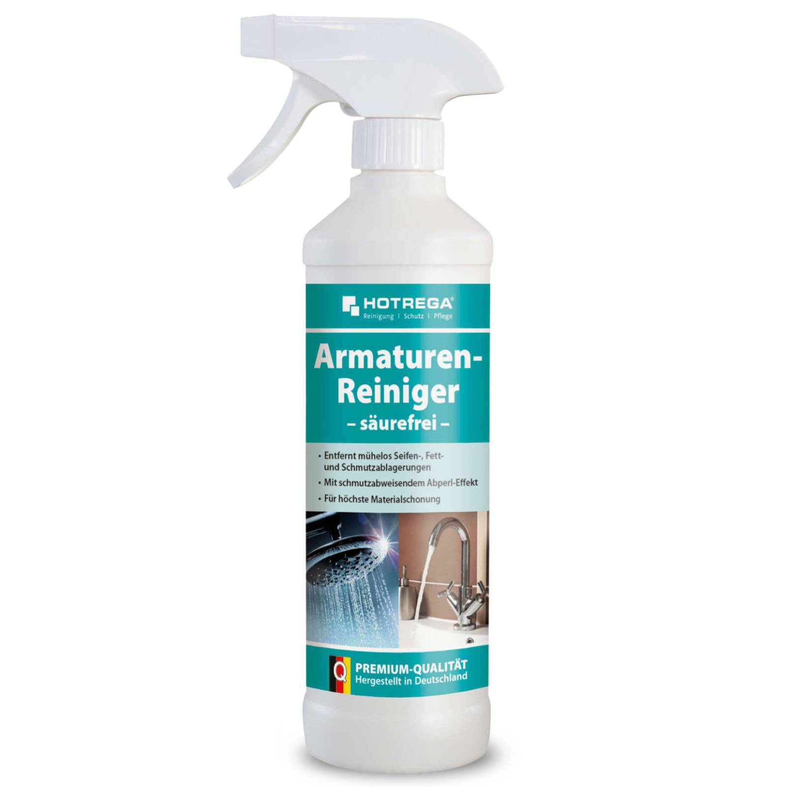 Sprühflasche von HOTREGA 'Armaturen-Reiniger' säurefreiem Reiniger für Armaturen, mit Etikett, das die Verwendung im Badezimmer und in der Küche zeigt.