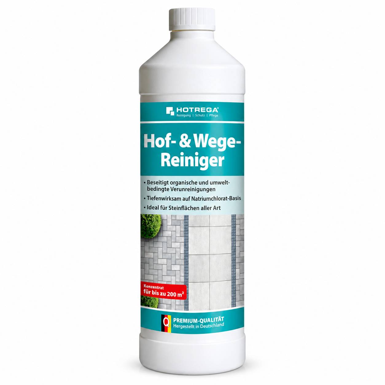 Flasche HOTREGA 'Hof- & Wege-Reiniger' Reiniger für Innenhöfe und Wege, gekennzeichnet als Konzentrat für Steinoberflächen bis zu 200 m².