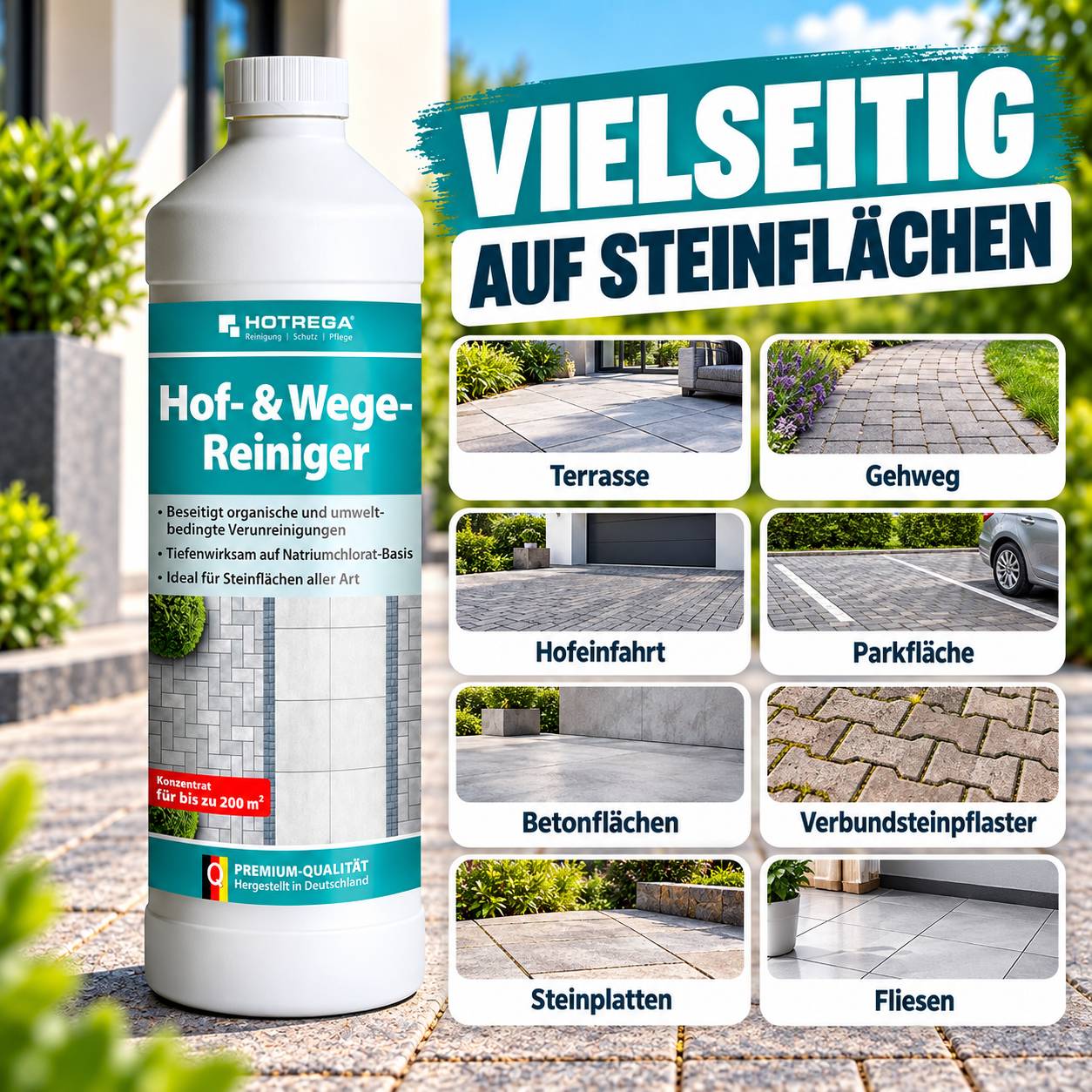 Werbung für HOTREGA 'Hof- & Wege-Reiniger' Reinigerflasche, gekennzeichnet als vielseitig einsetzbar für Steinoberflächen; Beispiele sind Terrasse, Gehweg, Einfahrt, Parkplatz, Beton, Pflastersteine, Steinplatten und Fliesen.