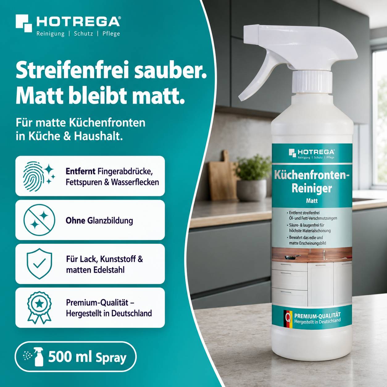 HOTREGA Küchenfronten-Reiniger Matt Sprühflasche, mit Text, der streifenfreie Reinigung, keinen Glanz und Entfernung von Fingerabdrücken und Fett verspricht.