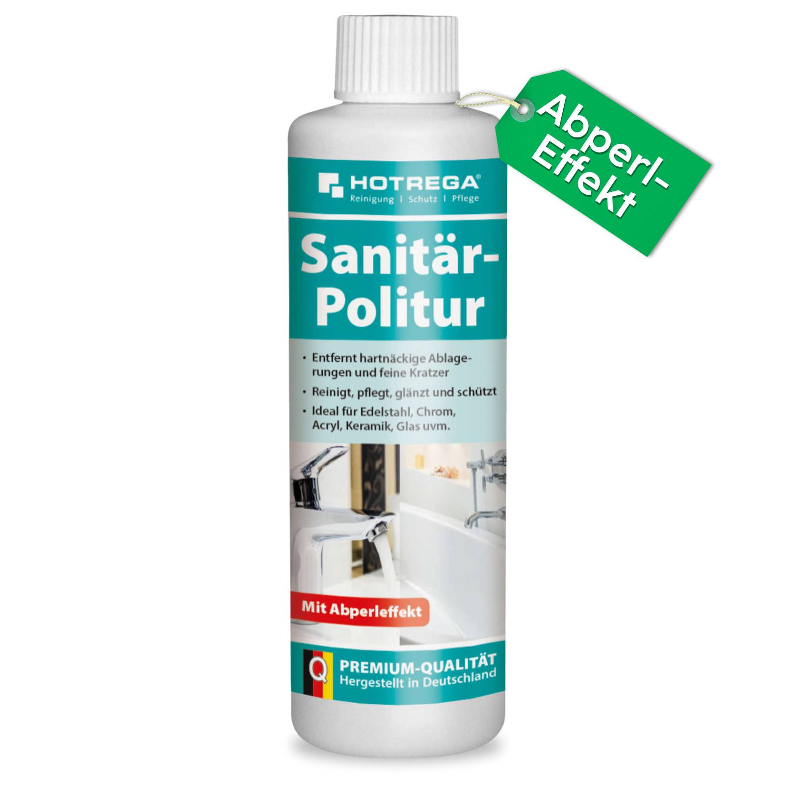 Flasche mit HOTREGA 'Sanitär-Politur' Reiniger mit 'Abperleffekt' Kennzeichnung, zum Entfernen von Kalkablagerungen und zum Polieren von Badezimmerflächen.