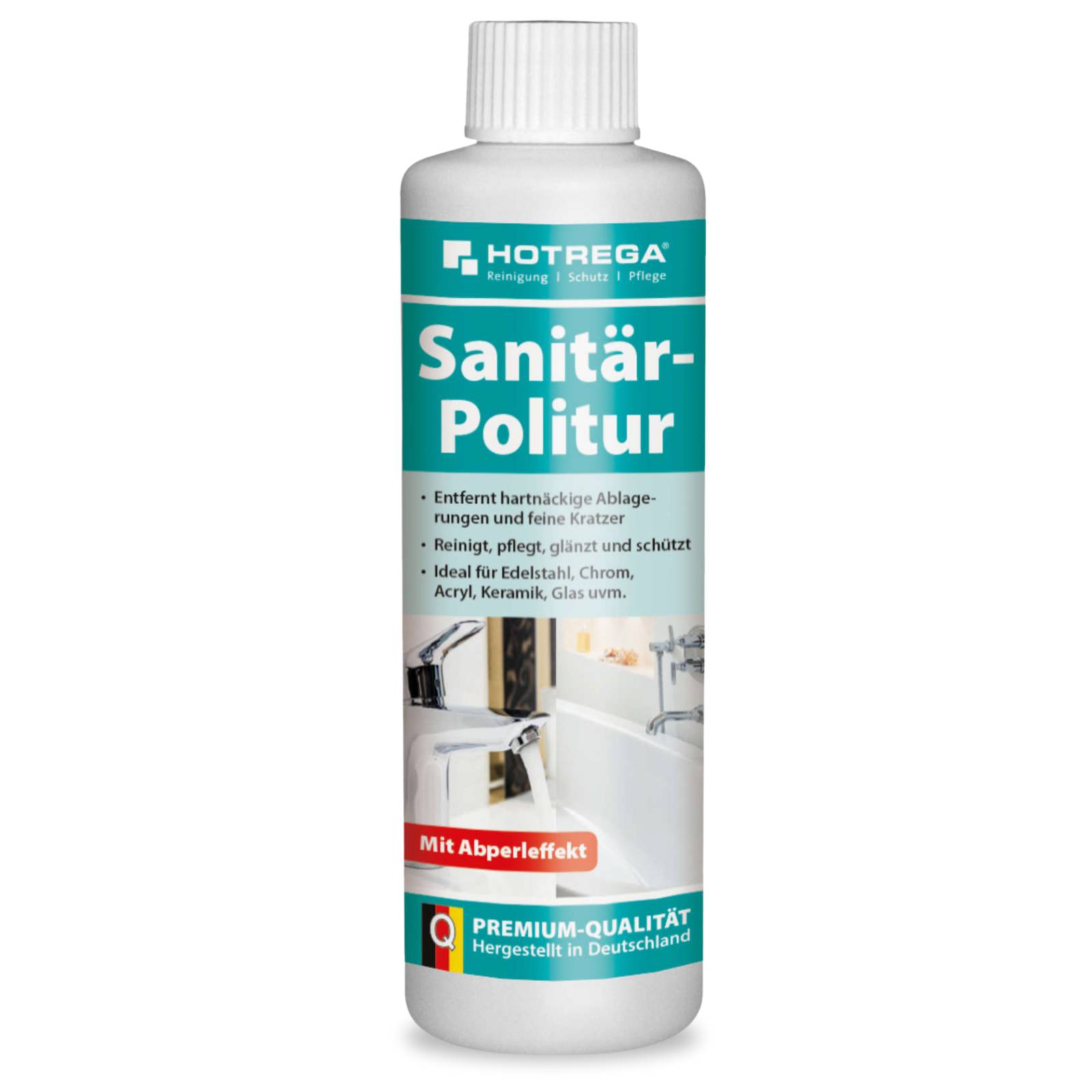 Flasche HOTREGA 'Sanitär-Politur' Reiniger, gekennzeichnet zum Entfernen von Belägen und feinen Kratzern auf Spülbecken, Chrom, Acryl, Keramik und Glas.